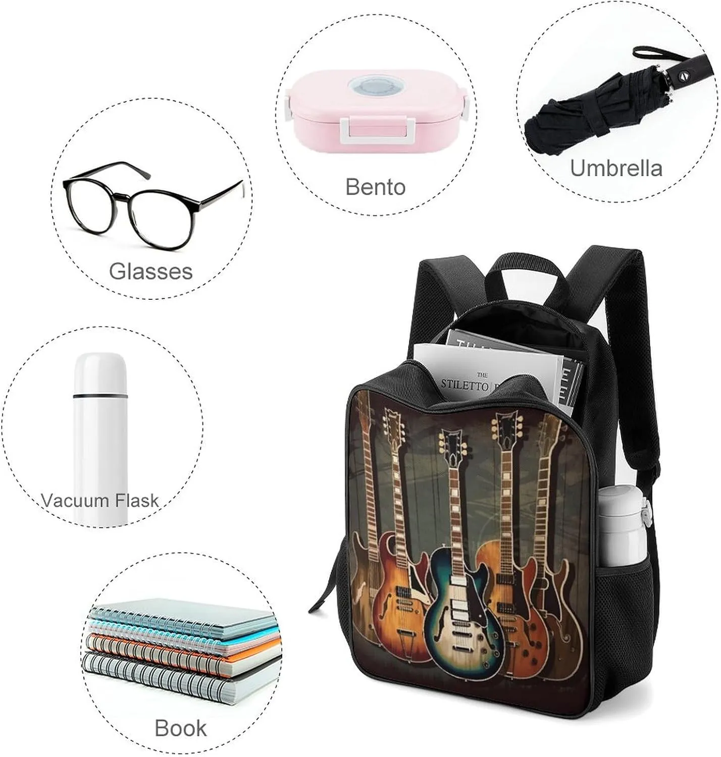 Lightweight Backpacks Cute Travel Bag Durable Guitars Art Printing Small Travel Backpack For Women & Men