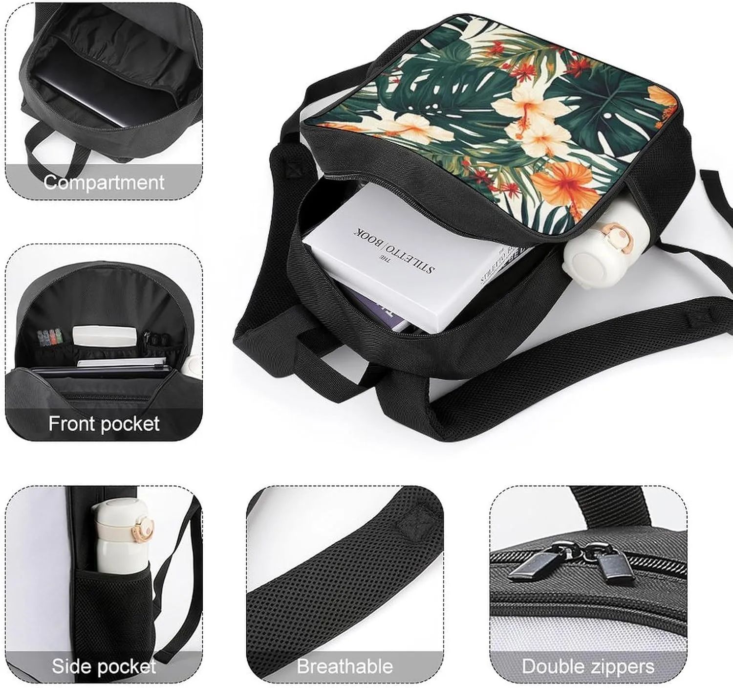 Lightweight Backpacks Cute Travel Bag Durable Hawaiian Flower Leaves Printing Small Travel Backpack For Women & Men