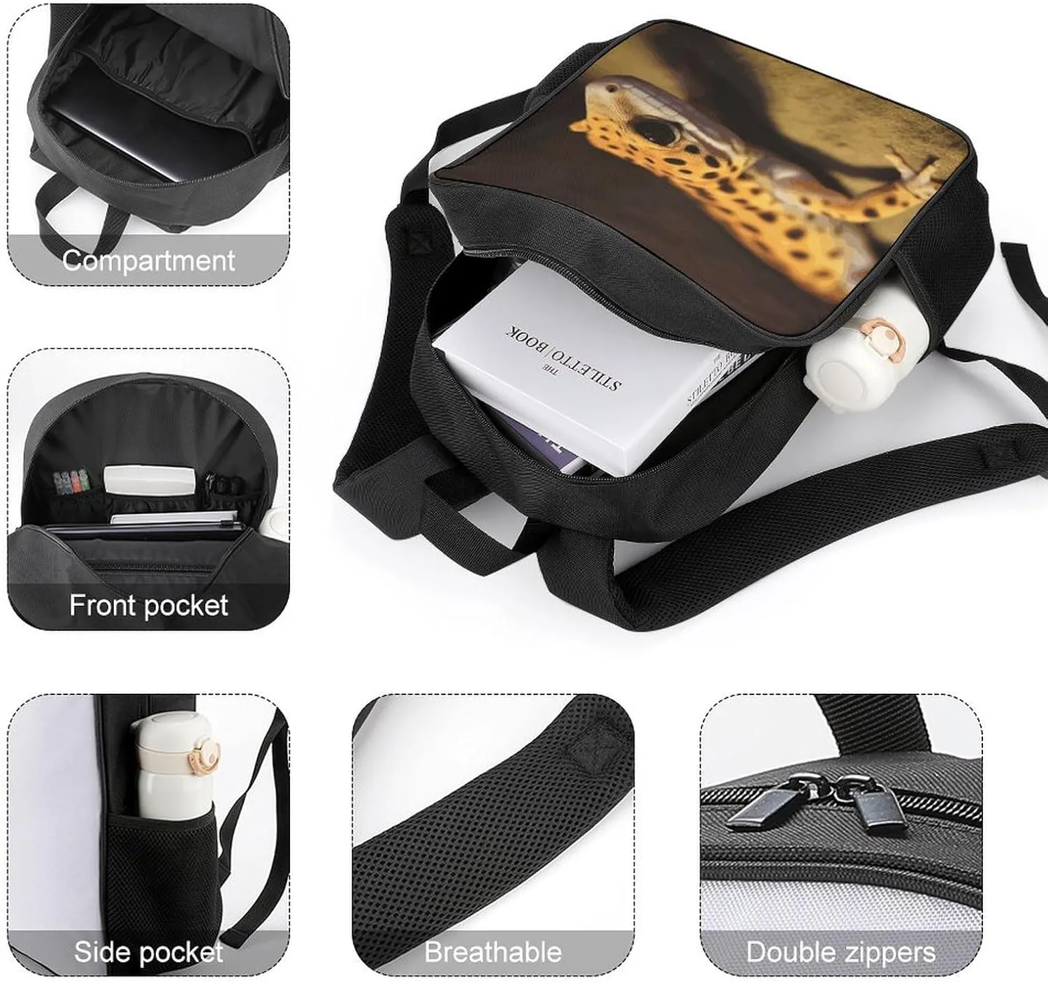 Lightweight Backpacks Cute Travel Bag Durable Leopard Little Gecko Printing Small Travel Backpack For Women & Men