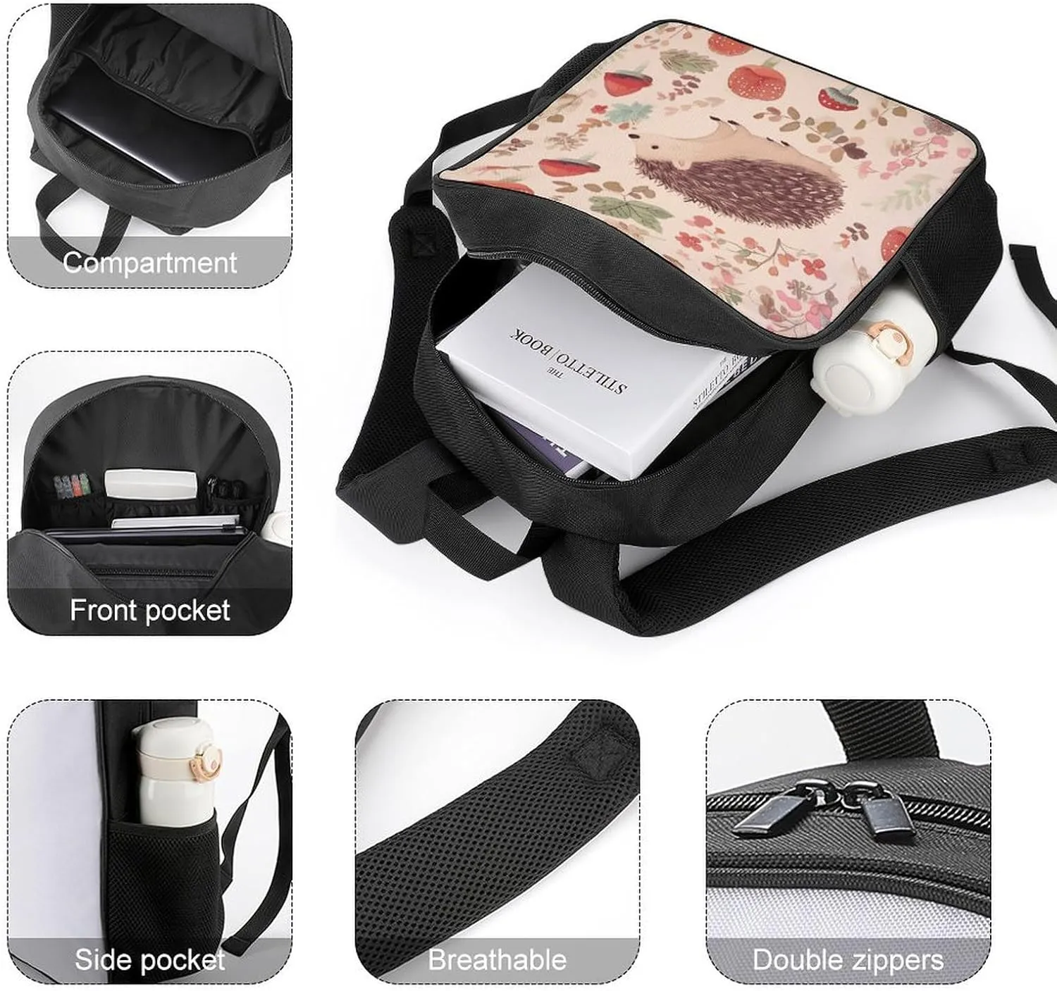 Lightweight Backpacks Cute Travel Bag Durable Lovely Hedgehog Printing Small Travel Backpack For Women & Men