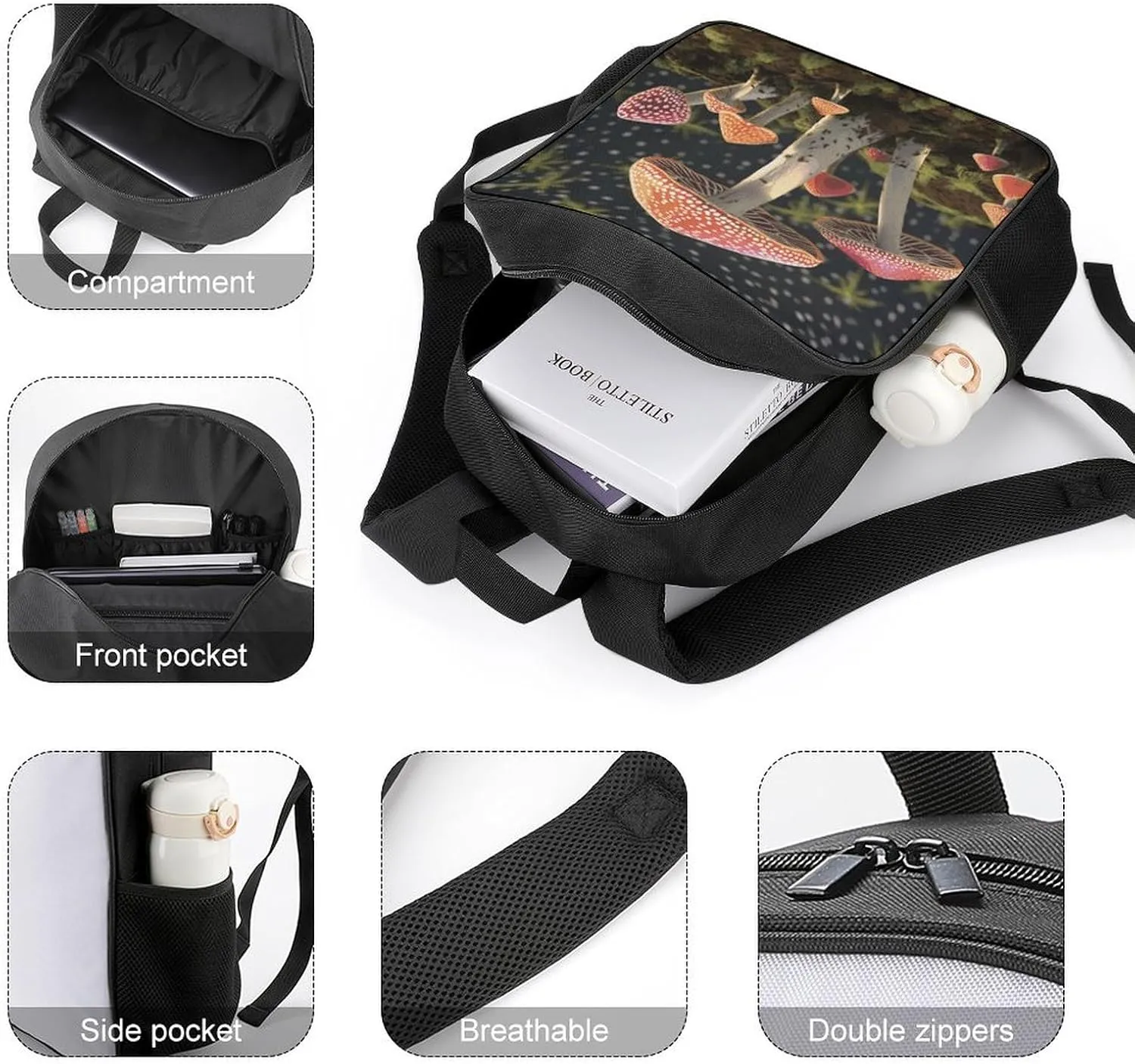Lightweight Backpacks Cute Travel Bag Durable Mushroom Printing Small Travel Backpack For Women & Men