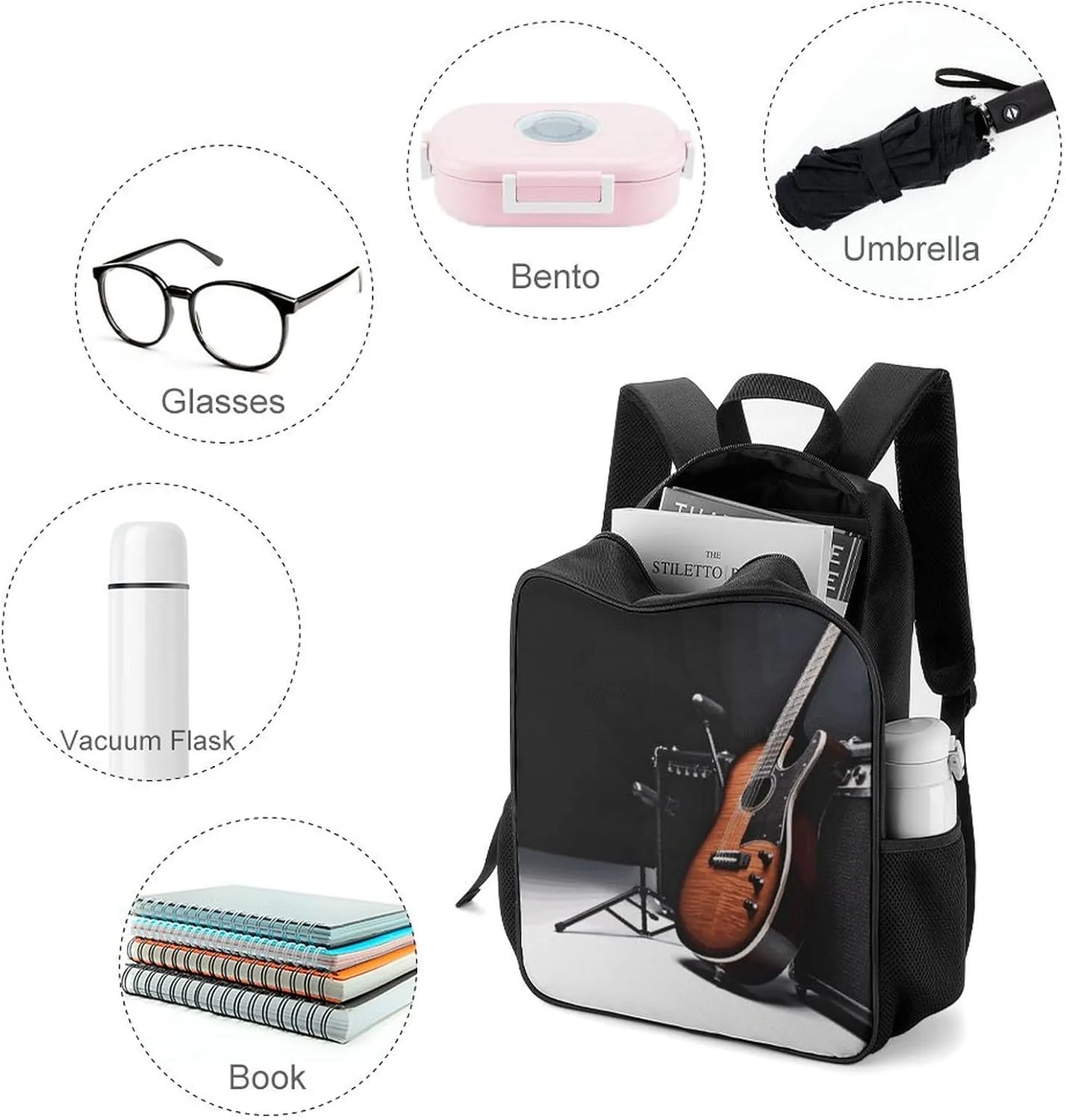 Lightweight Backpacks Cute Travel Bag Durable Musical Instrument Guitar Printing Small Travel Backpack For Women & Men