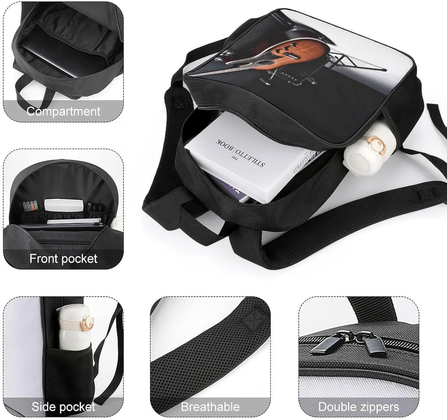 Lightweight Backpacks Cute Travel Bag Durable Musical Instrument Guitar Printing Small Travel Backpack For Women & Men