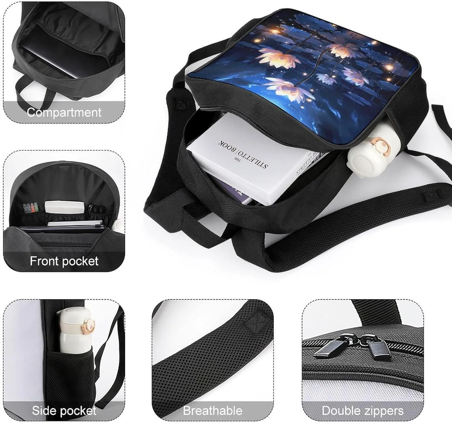 Lightweight Backpacks Cute Travel Bag Durable Night Flowers Printing Small Travel Backpack For Women & Men