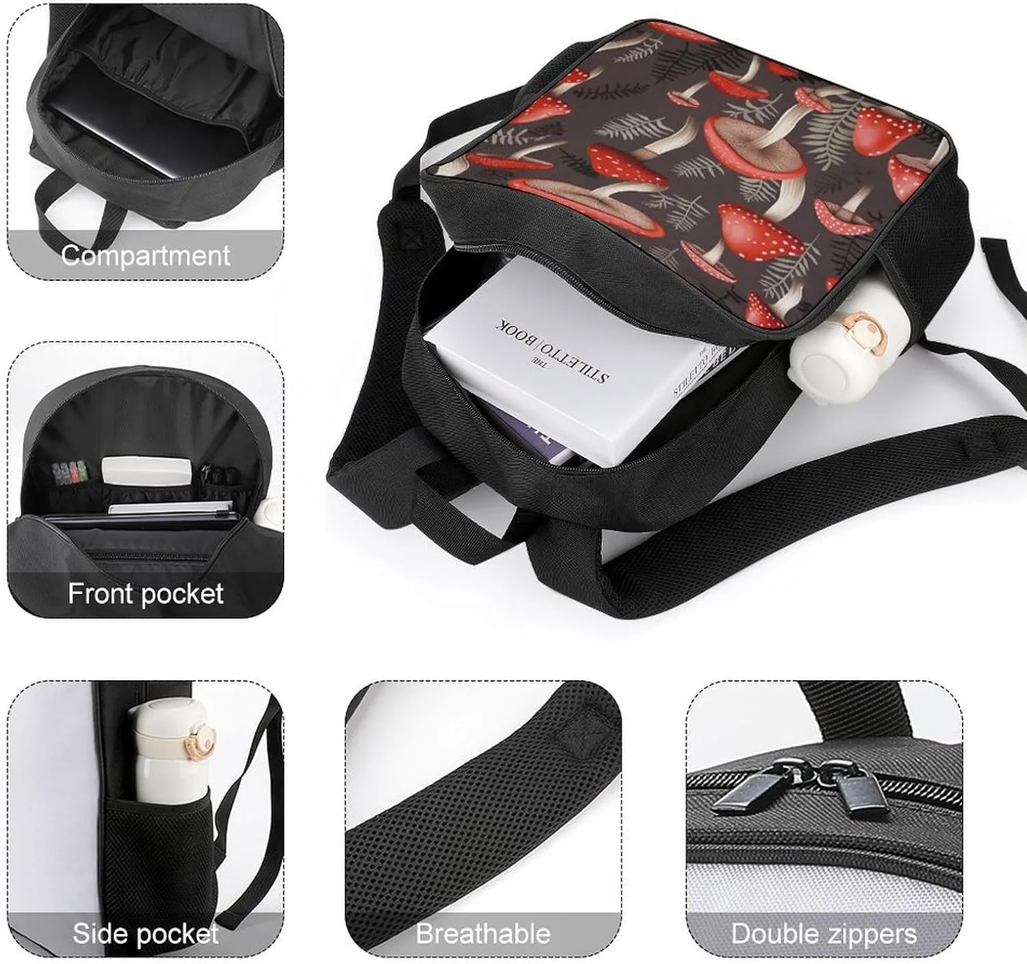 Lightweight Backpacks Cute Travel Bag Durable Red Mushrooms Printing Small Travel Backpack For Women & Men