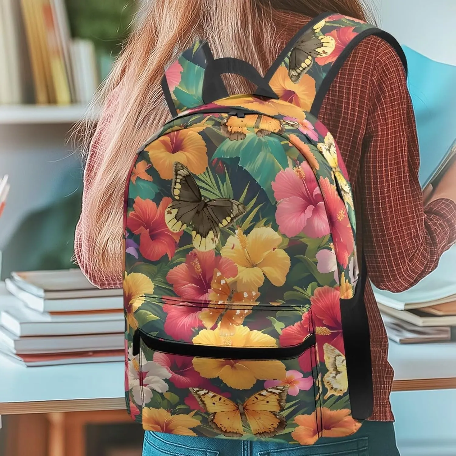 Lightweight Camping Backpack for Unisex Womens Fashion Butterfly Tropical Flower Large Capacity Polyester Daypack for Weekend Trips with Zipper