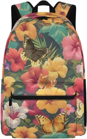 Lightweight Camping Backpack for Unisex Womens Fashion Butterfly Tropical Flower Large Capacity Polyester Daypack for Weekend Trips with Zipper