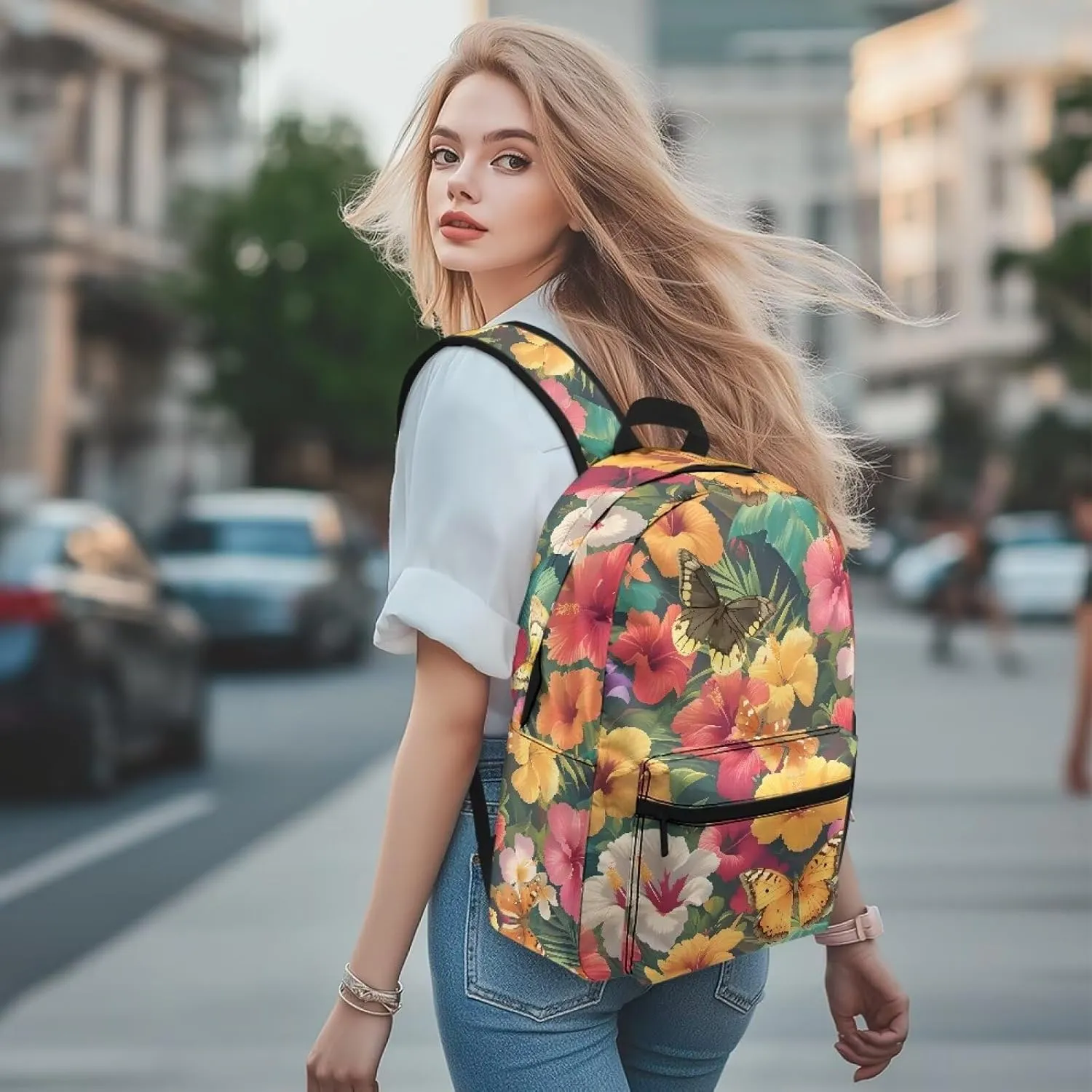 Lightweight Camping Backpack for Unisex Womens Fashion Butterfly Tropical Flower Large Capacity Polyester Daypack for Weekend Trips with Zipper