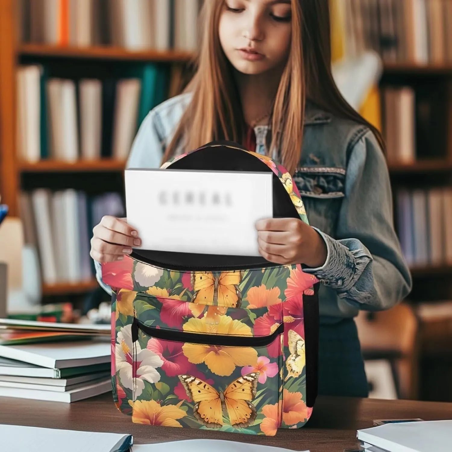 Lightweight Camping Backpack for Unisex Womens Fashion Butterfly Tropical Flower Large Capacity Polyester Daypack for Weekend Trips with Zipper