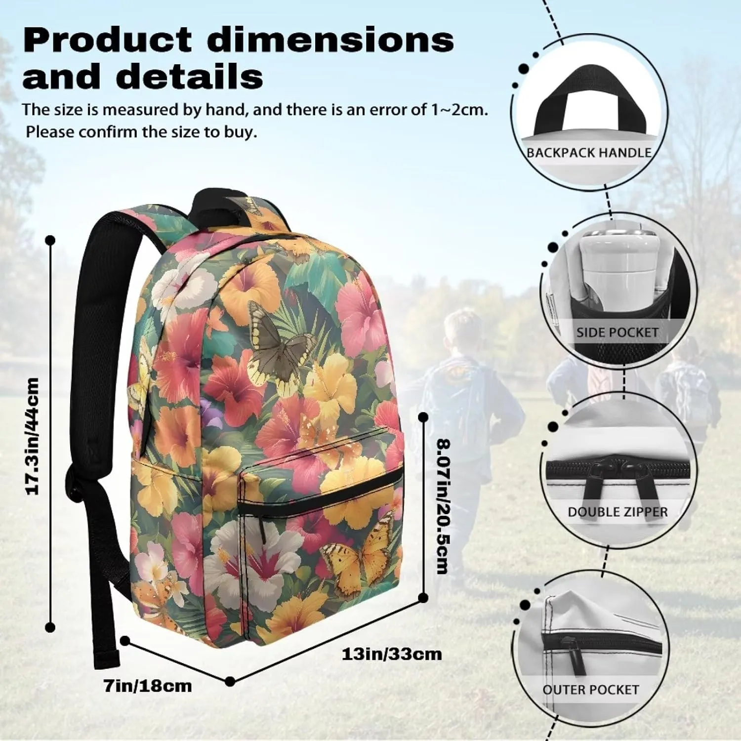 Lightweight Camping Backpack for Unisex Womens Fashion Butterfly Tropical Flower Large Capacity Polyester Daypack for Weekend Trips with Zipper