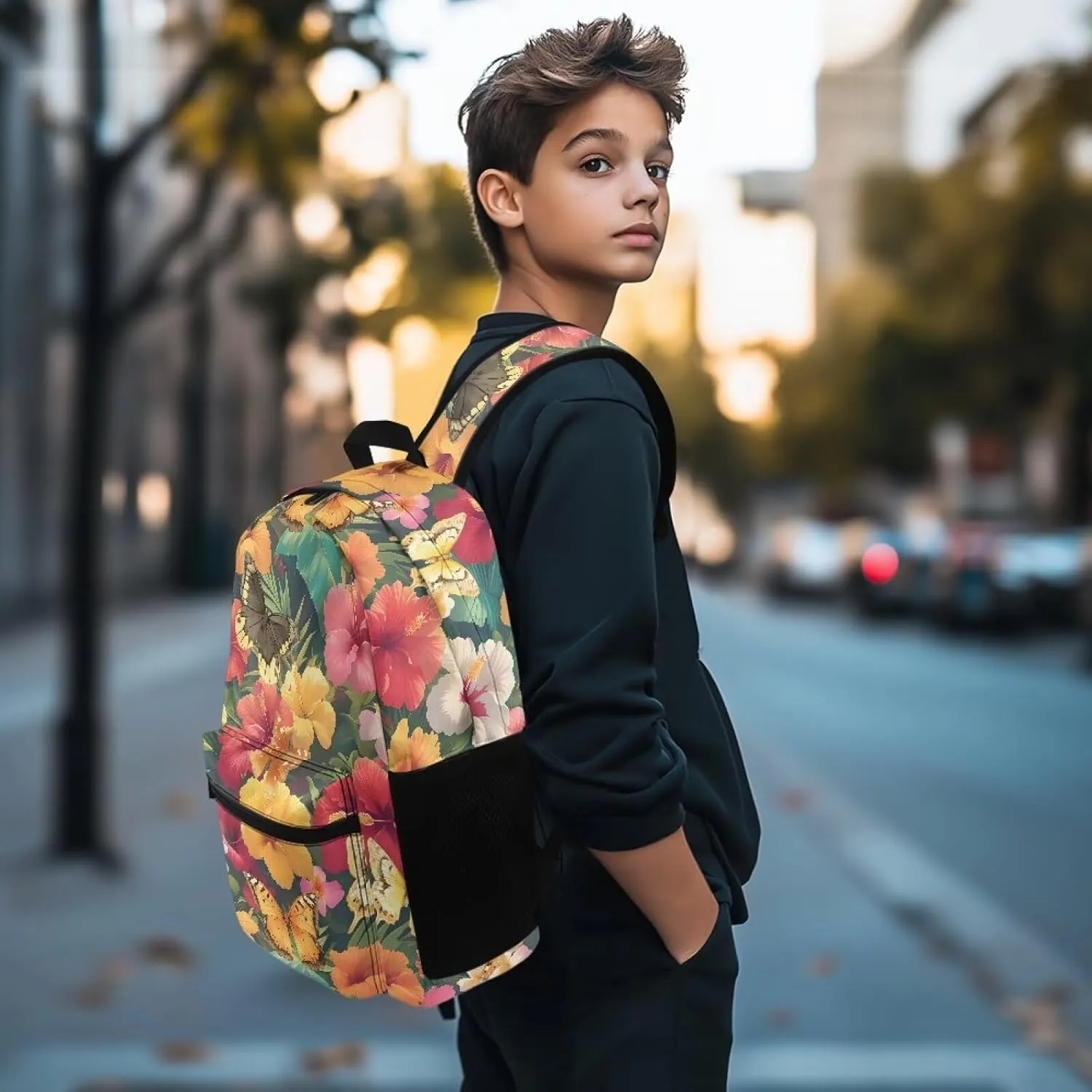 Lightweight Camping Backpack for Unisex Womens Fashion Butterfly Tropical Flower Large Capacity Polyester Daypack for Weekend Trips with Zipper