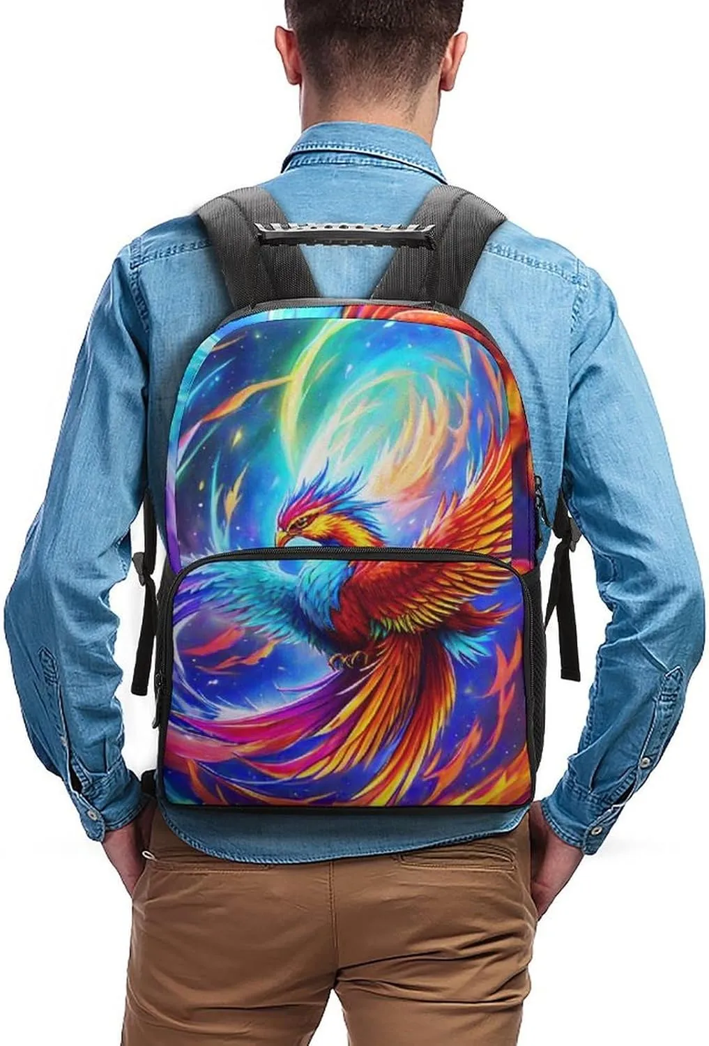 Lightweight Daypack Backpack for Sports Travel Running - Large Capacity Multipurpose Anti-Theft Bookbag, Mythical Red And Blue Fire Phoenix Bird Art Laptop Backpack Daypack