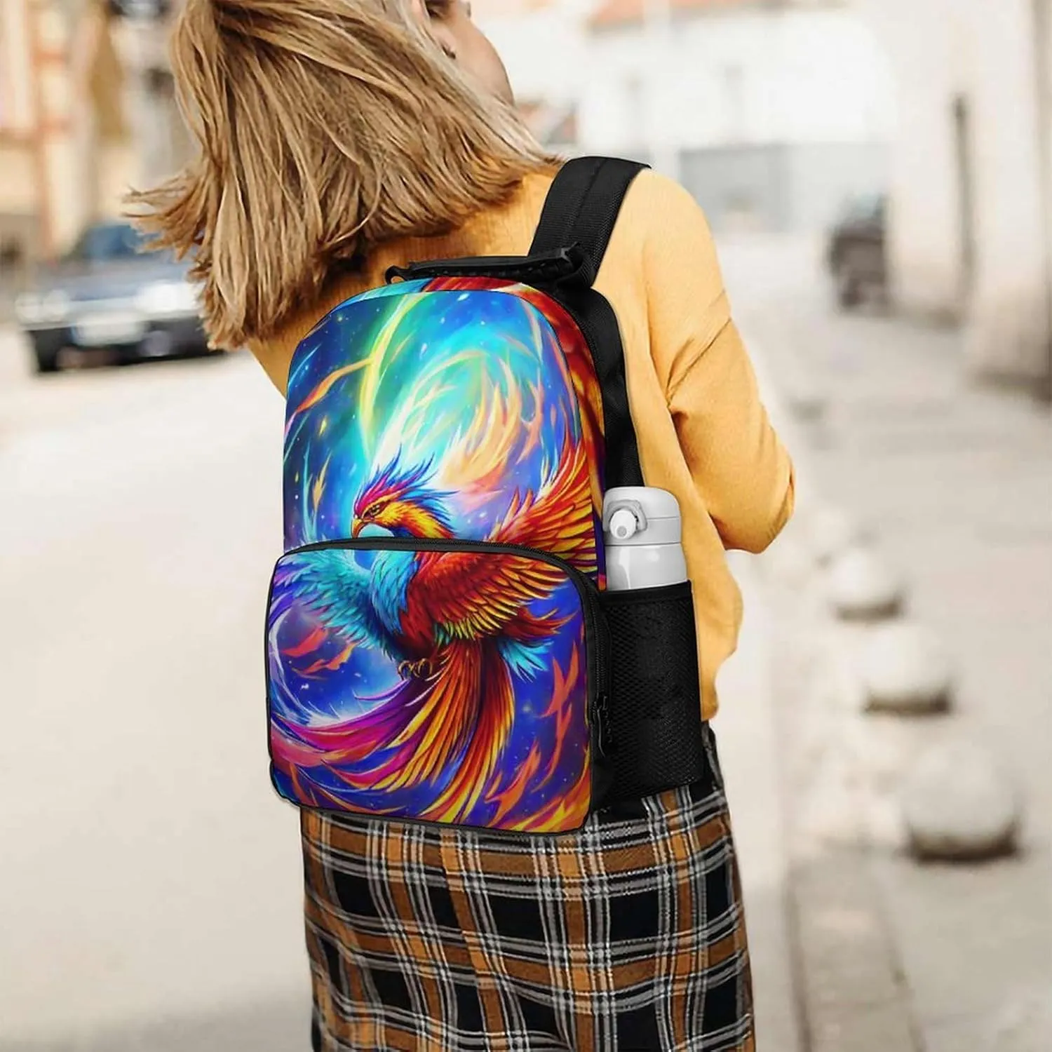 Lightweight Daypack Backpack for Sports Travel Running - Large Capacity Multipurpose Anti-Theft Bookbag, Mythical Red And Blue Fire Phoenix Bird Art Laptop Backpack Daypack