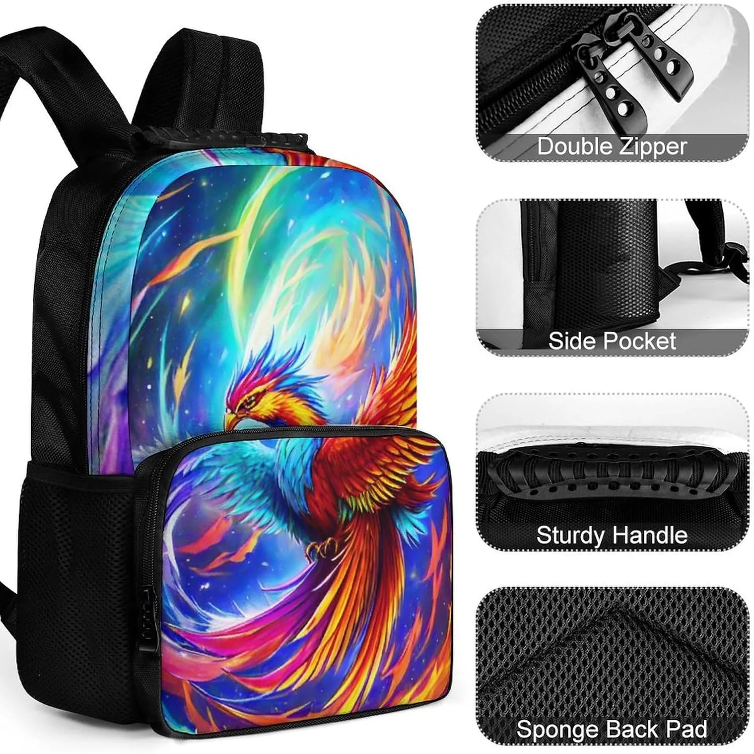 Lightweight Daypack Backpack for Sports Travel Running - Large Capacity Multipurpose Anti-Theft Bookbag, Mythical Red And Blue Fire Phoenix Bird Art Laptop Backpack Daypack