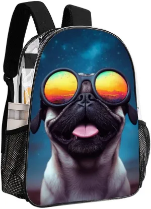 Lightweight Daypack Backpack for Sports Travel Running - Large Capacity Multipurpose Transparent Bookbag, Cool Glass Cute Funny Pug Laptop Backpack Daypack
