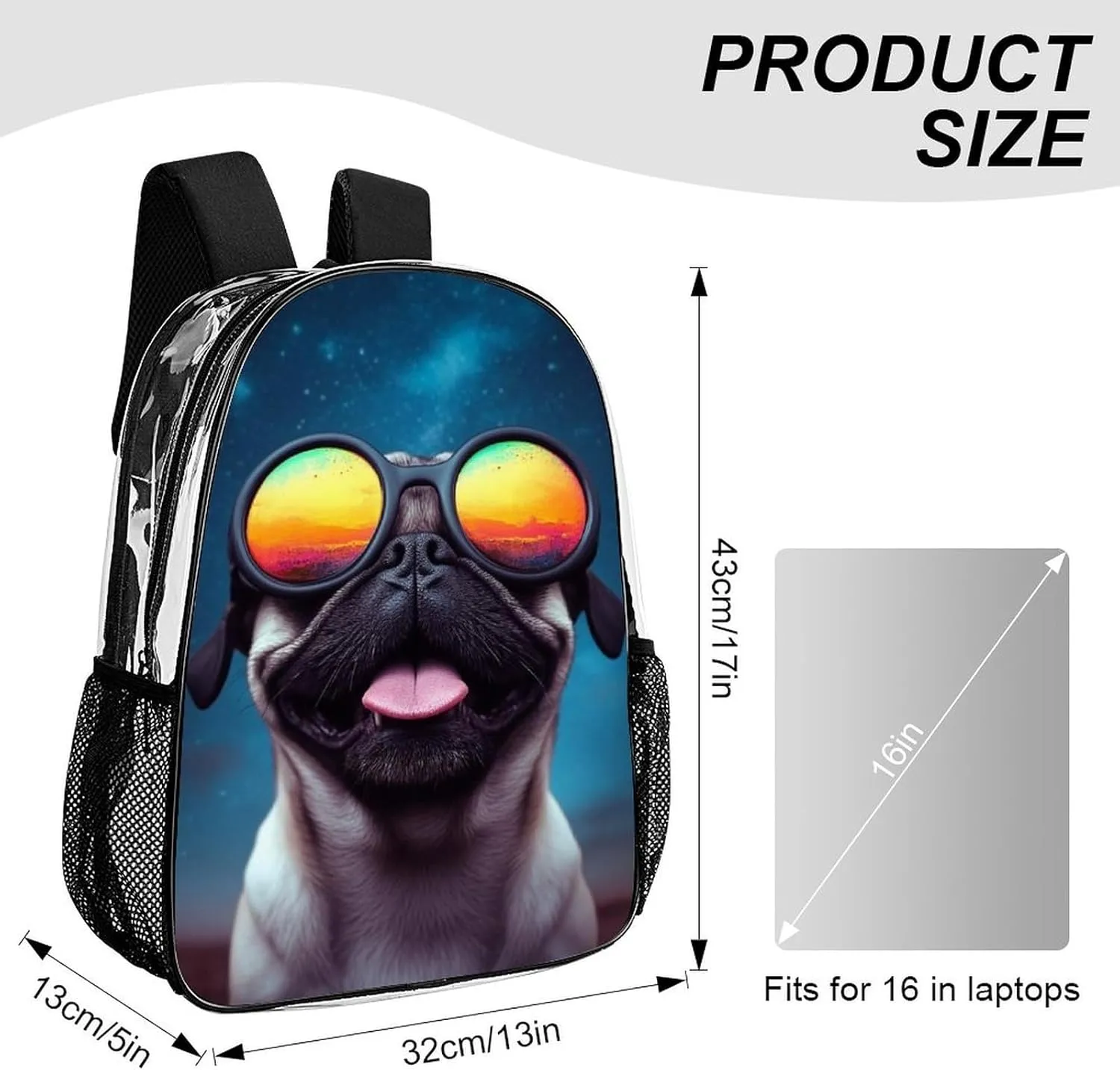 Lightweight Daypack Backpack for Sports Travel Running - Large Capacity Multipurpose Transparent Bookbag, Cool Glass Cute Funny Pug Laptop Backpack Daypack