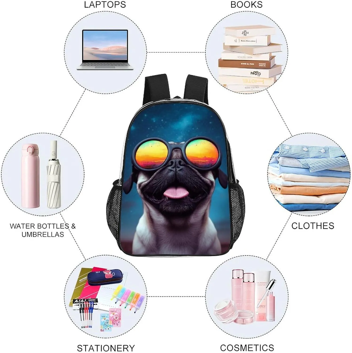 Lightweight Daypack Backpack for Sports Travel Running - Large Capacity Multipurpose Transparent Bookbag, Cool Glass Cute Funny Pug Laptop Backpack Daypack