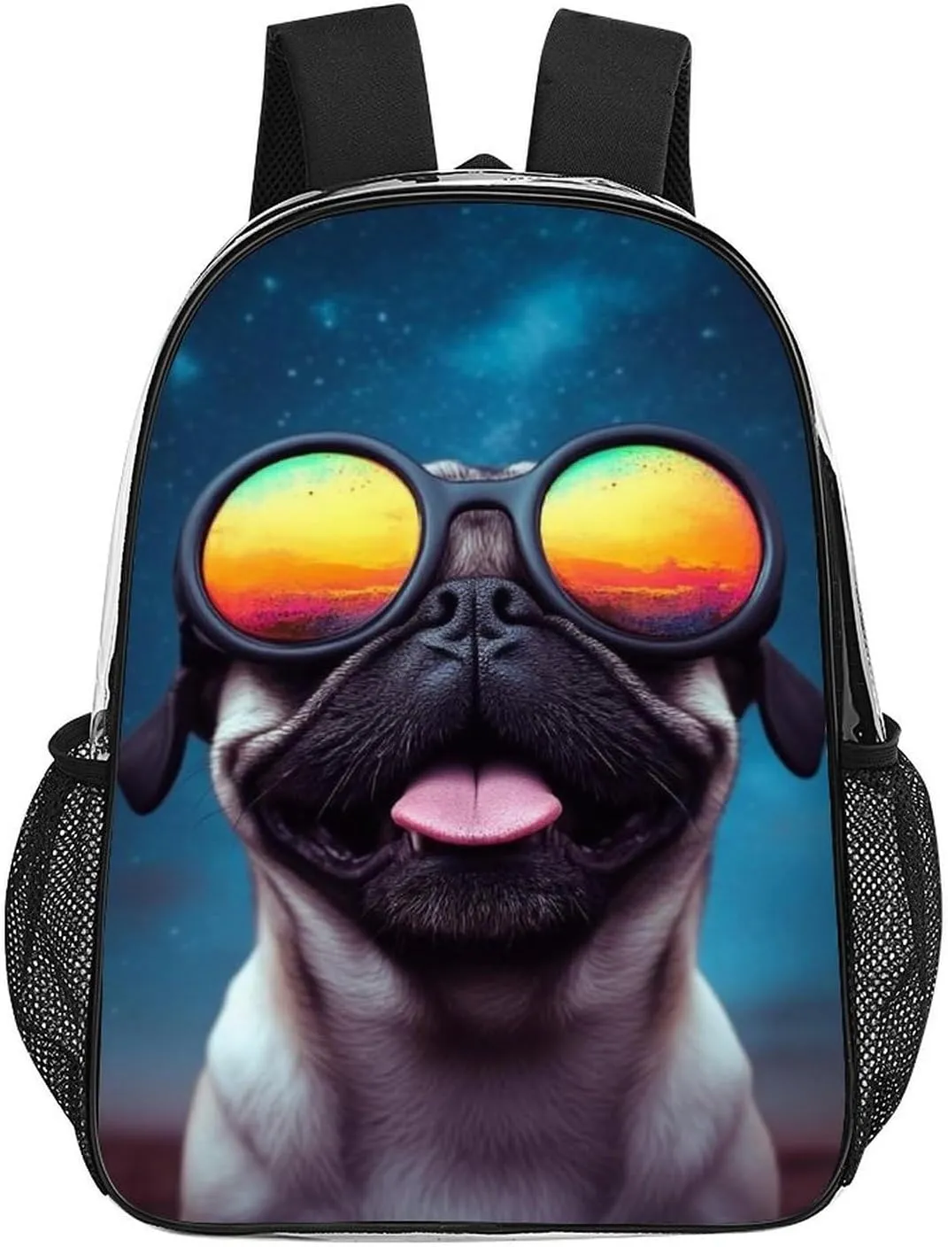 Lightweight Daypack Backpack for Sports Travel Running - Large Capacity Multipurpose Transparent Bookbag, Cool Glass Cute Funny Pug Laptop Backpack Daypack
