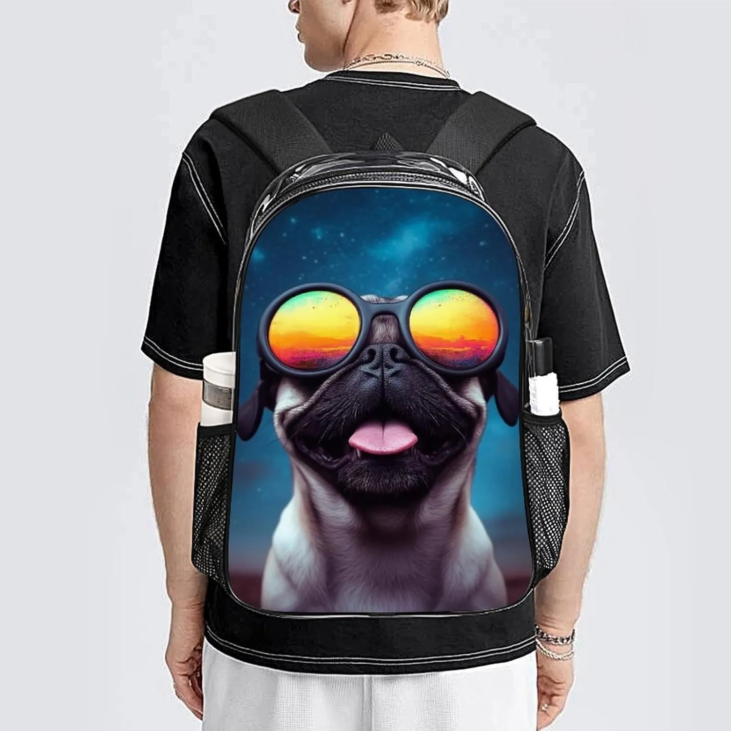 Lightweight Daypack Backpack for Sports Travel Running - Large Capacity Multipurpose Transparent Bookbag, Cool Glass Cute Funny Pug Laptop Backpack Daypack