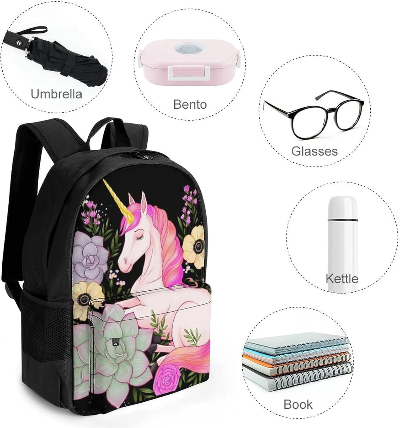 Lightweight Daypack Backpack for Trekking Work Running - Big Capacity Multipurpose Anti-Theft Bookbag, Pink Unicorn Flower Art Business Computer Bag