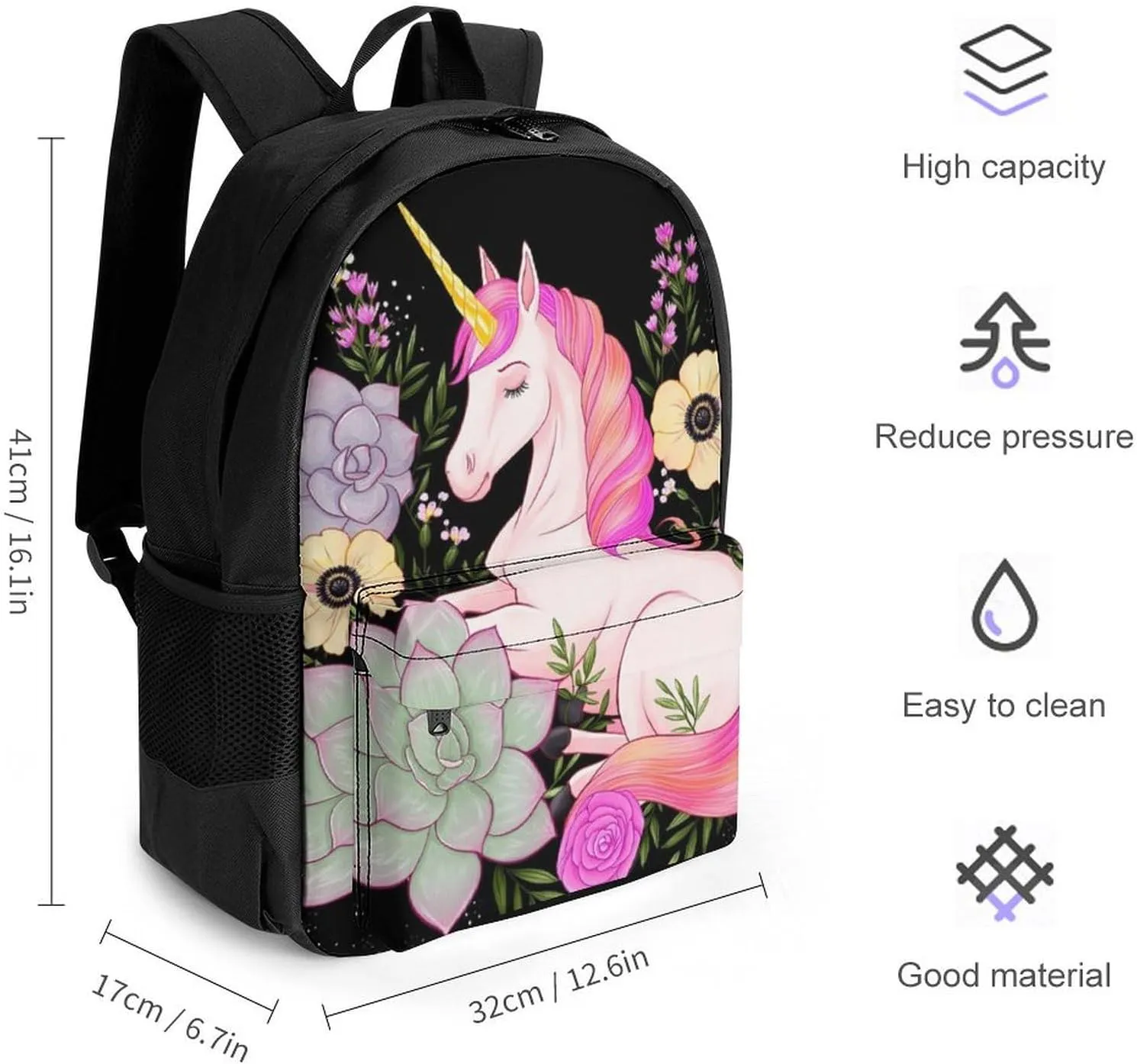 Lightweight Daypack Backpack for Trekking Work Running - Big Capacity Multipurpose Anti-Theft Bookbag, Pink Unicorn Flower Art Business Computer Bag