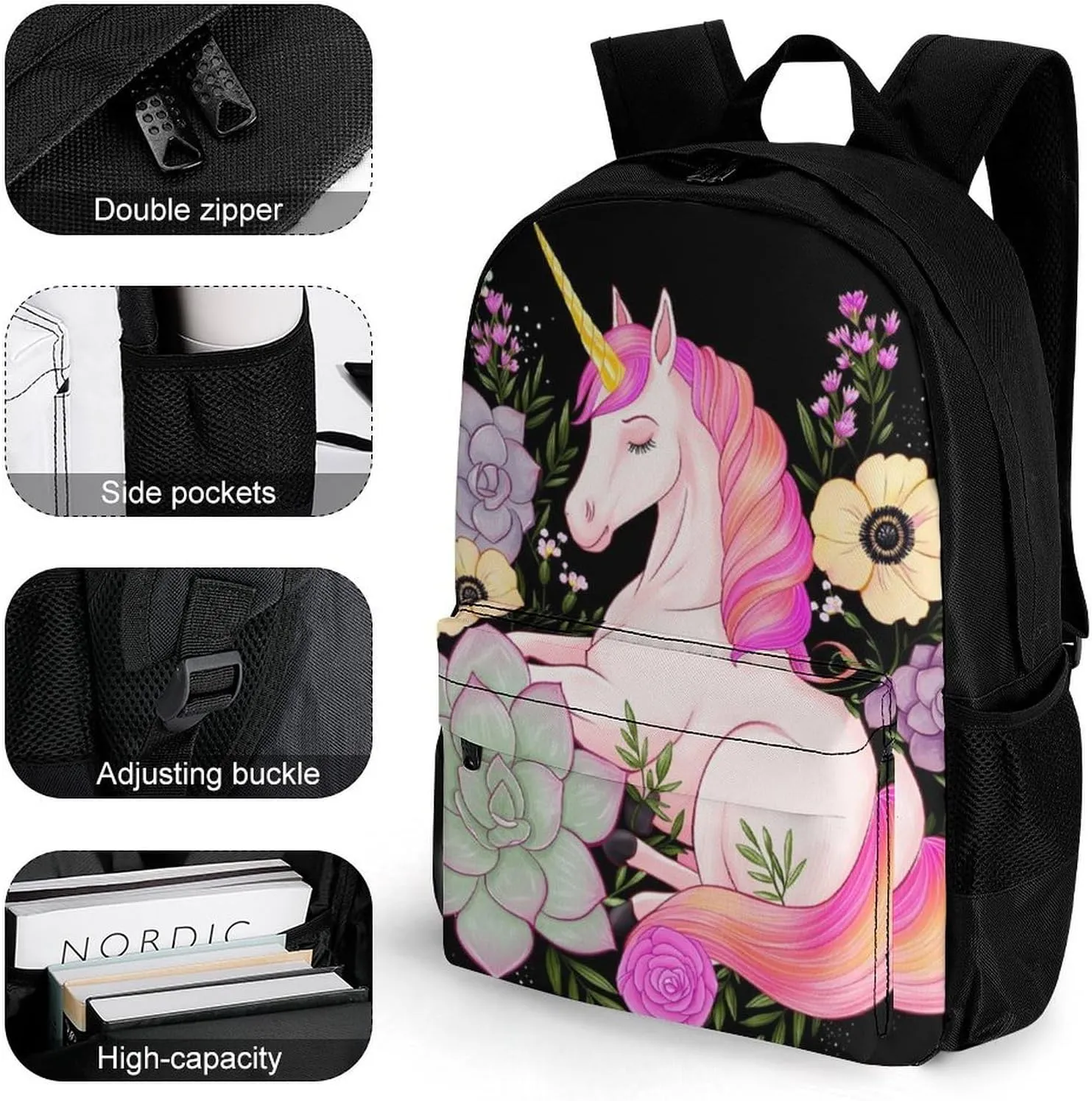 Lightweight Daypack Backpack for Trekking Work Running - Big Capacity Multipurpose Anti-Theft Bookbag, Pink Unicorn Flower Art Business Computer Bag