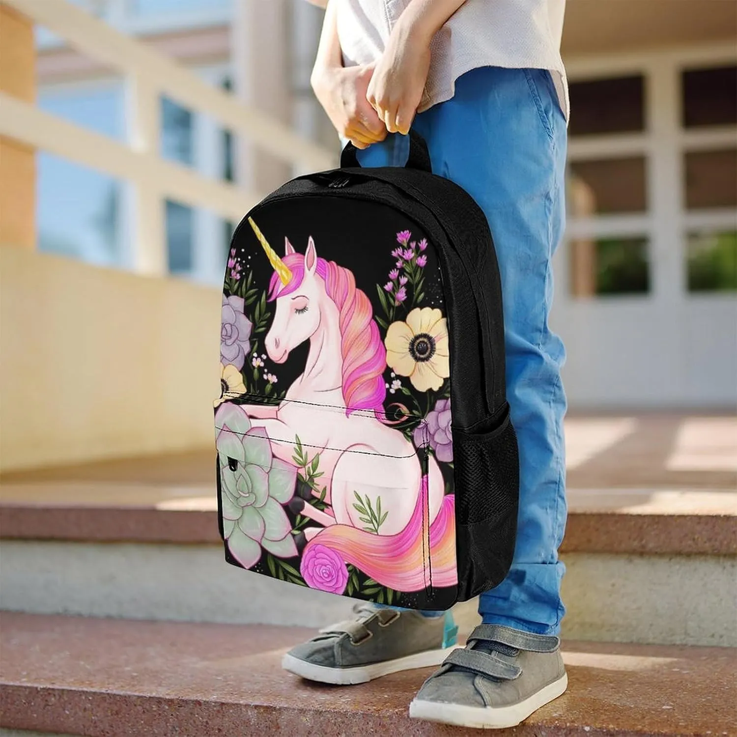 Lightweight Daypack Backpack for Trekking Work Running - Big Capacity Multipurpose Anti-Theft Bookbag, Pink Unicorn Flower Art Business Computer Bag