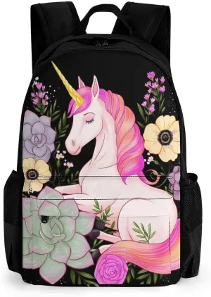 Lightweight Daypack Backpack for Trekking Work Running - Big Capacity Multipurpose Anti-Theft Bookbag, Pink Unicorn Flower Art Business Computer Bag