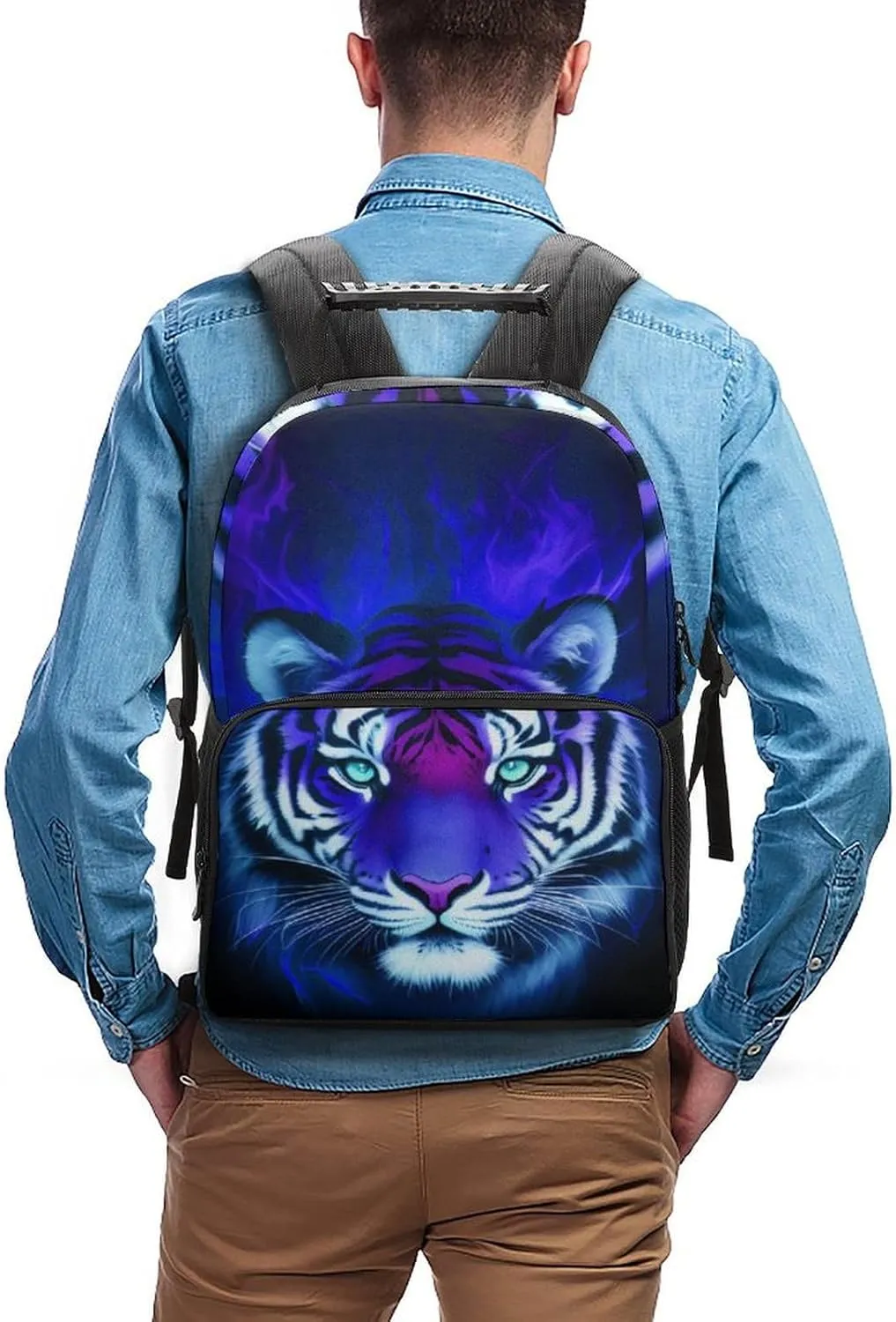 Lightweight Daypack Bookbag for Trekking Business Walking Cycling - Big Capacity Anti-Theft Multipurpose Carry On Bag, Cool Tiger Head Fire Surreal Style Art Business Computer Bag