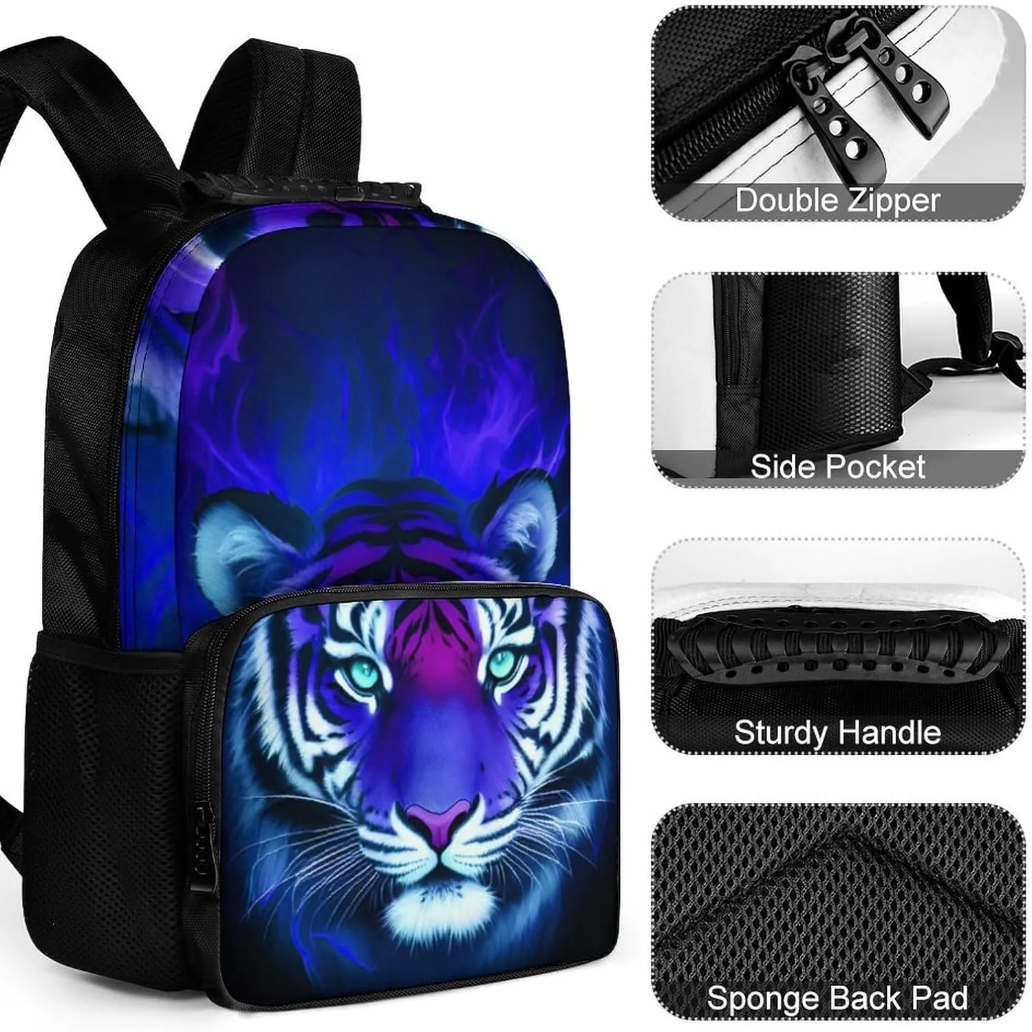 Lightweight Daypack Bookbag for Trekking Business Walking Cycling - Big Capacity Anti-Theft Multipurpose Carry On Bag, Cool Tiger Head Fire Surreal Style Art Business Computer Bag