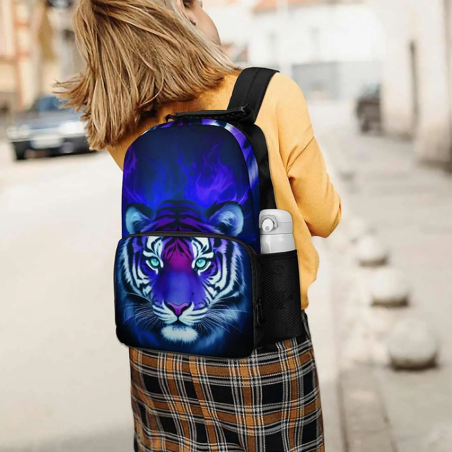 Lightweight Daypack Bookbag for Trekking Business Walking Cycling - Big Capacity Anti-Theft Multipurpose Carry On Bag, Cool Tiger Head Fire Surreal Style Art Business Computer Bag