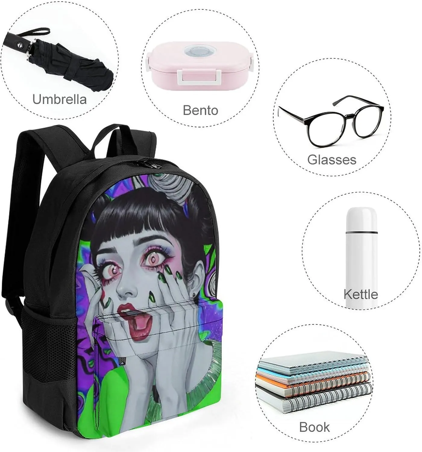 Lightweight Daypack Bookbag for Trekking Business Walking Cycling - Big Capacity Anti-Theft Multipurpose Carry On Bag, Goth Gothic Weird Woman Tie Dye Art Business Computer Bag