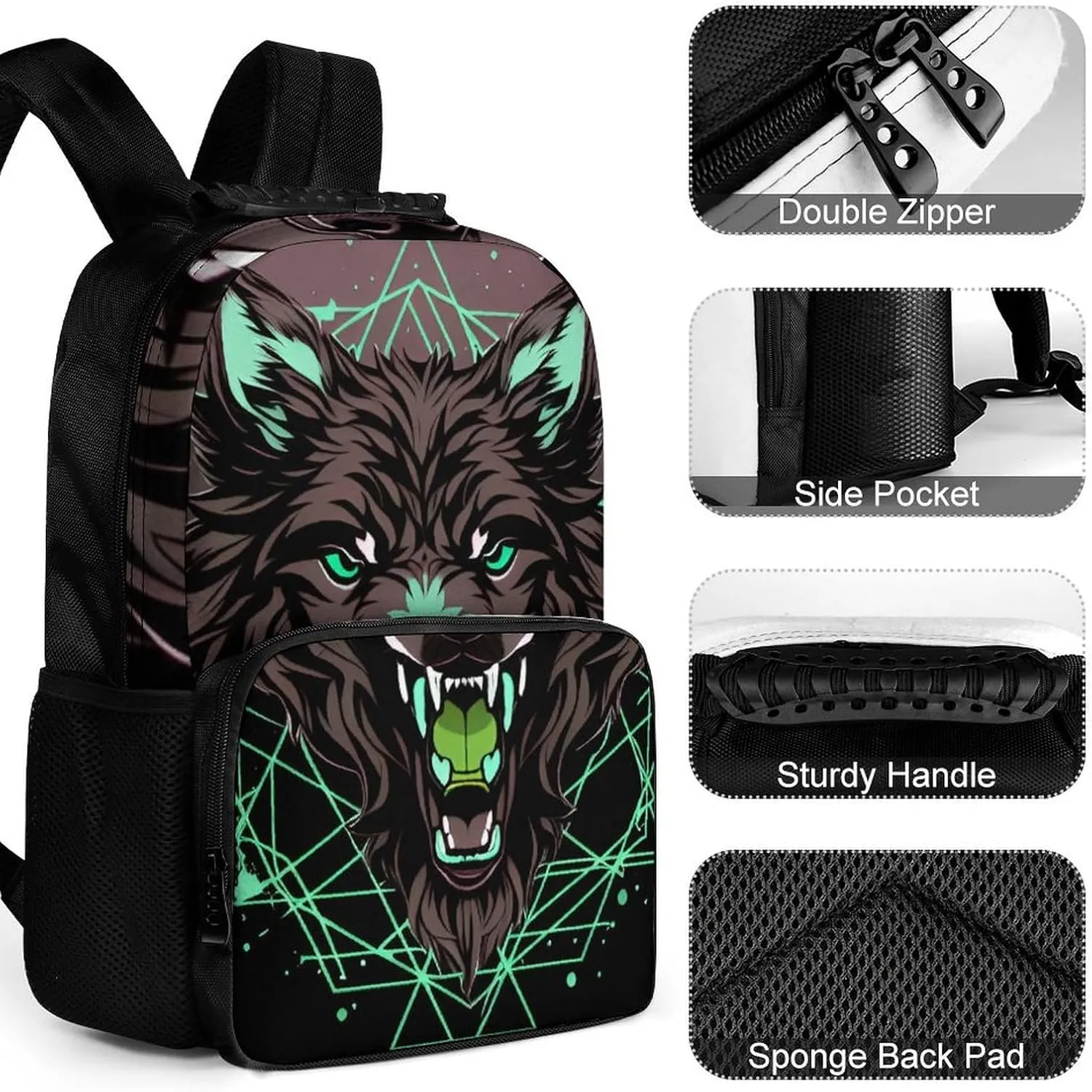 Lightweight Daypack Bookbag for Trekking Business Walking Cycling - Big Capacity Anti-Theft Multipurpose Carry On Bag, Wild Wolf Head Art Business Computer Bag