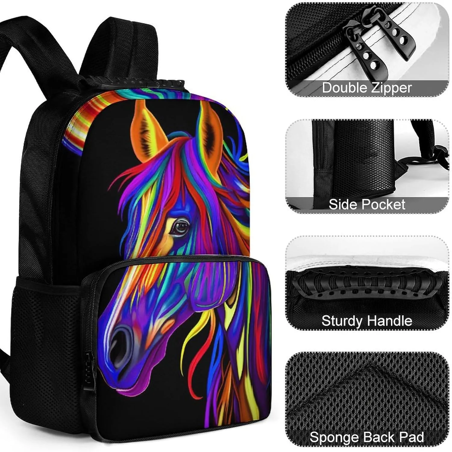 Lightweight Rucksacks for Camping Picnic Walking Cycling - Large Capacity Multipurpose Anti-Theft Carry On Bag, Rainbow Wild Horse Head Art Travel Hiking & Camping Rucksack