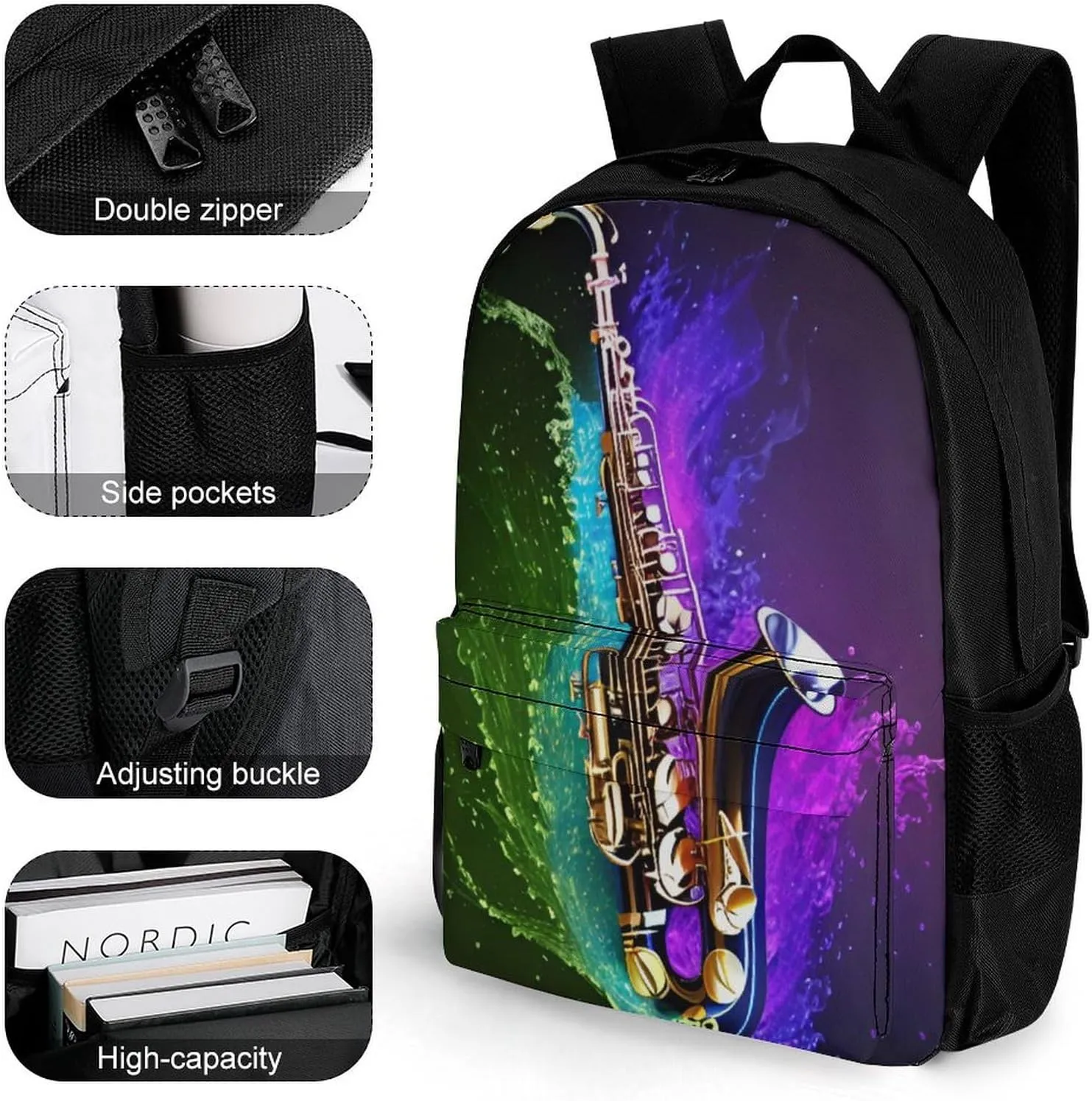 Lightweight Rucksacks for Camping Picnic Walking Cycling - Large Capacity Multipurpose Anti-Theft Carry On Bag, Saxophone In Fire And Water Art Travel Hiking & Camping Rucksack