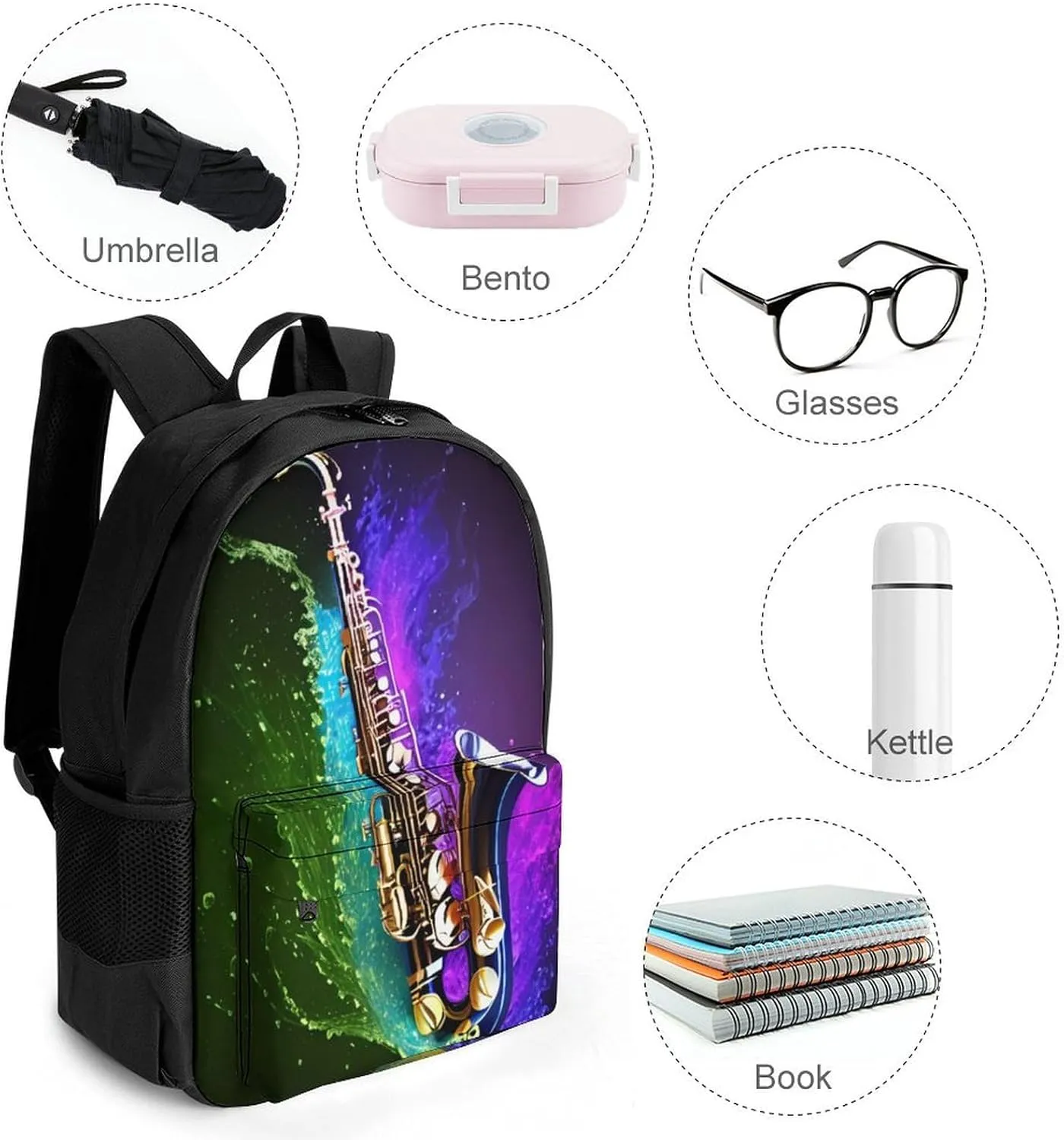 Lightweight Rucksacks for Camping Picnic Walking Cycling - Large Capacity Multipurpose Anti-Theft Carry On Bag, Saxophone In Fire And Water Art Travel Hiking & Camping Rucksack
