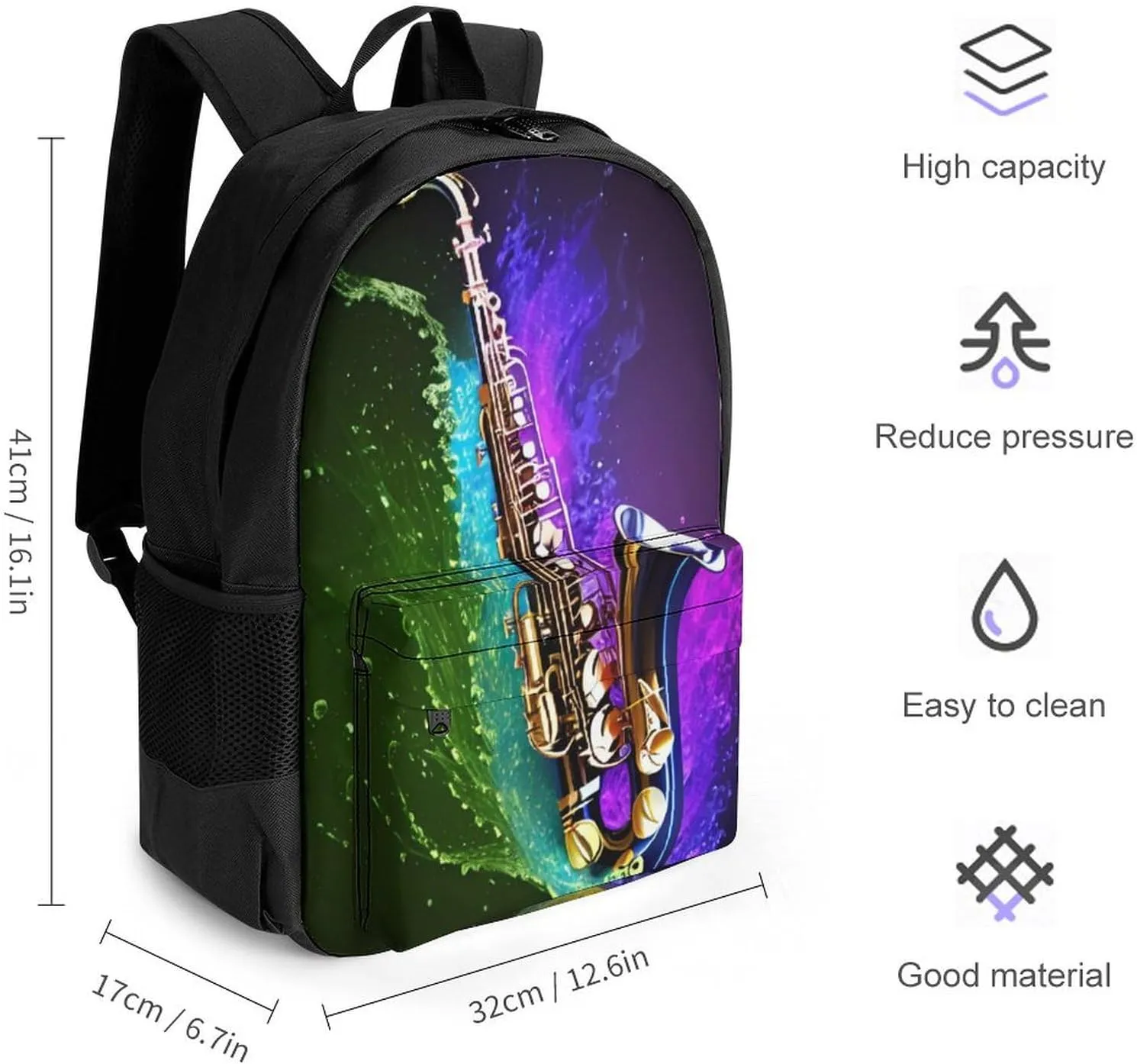 Lightweight Rucksacks for Camping Picnic Walking Cycling - Large Capacity Multipurpose Anti-Theft Carry On Bag, Saxophone In Fire And Water Art Travel Hiking & Camping Rucksack