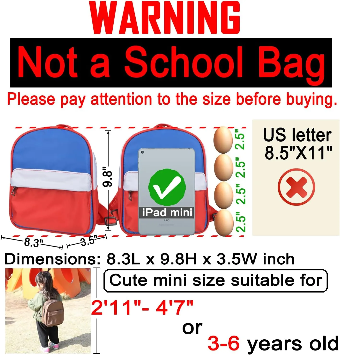 Lightweight Toddler Kids Backpack with Chest Strap For Boys and Girls, Preschool Kindergarten 3-6 Years Old 30 Colors (BWR)