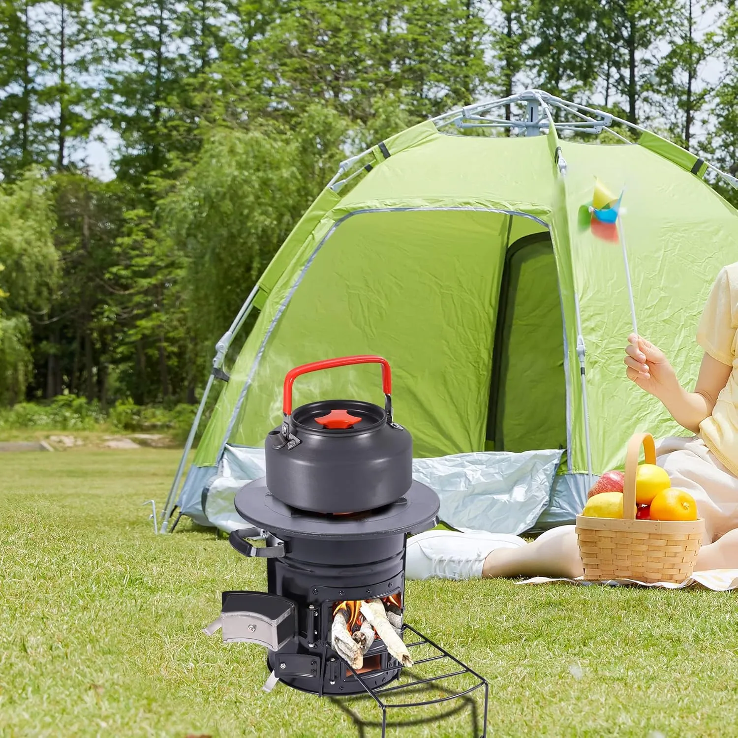 Lineslife Camping Rocket Stove Wood Burning Portable for Cooking, Outdoor Camping Wood Stove with Carrying Bag for Backpacking Emergency RV Survival, Versatility of Fuel, Black Two Doors 12.6"