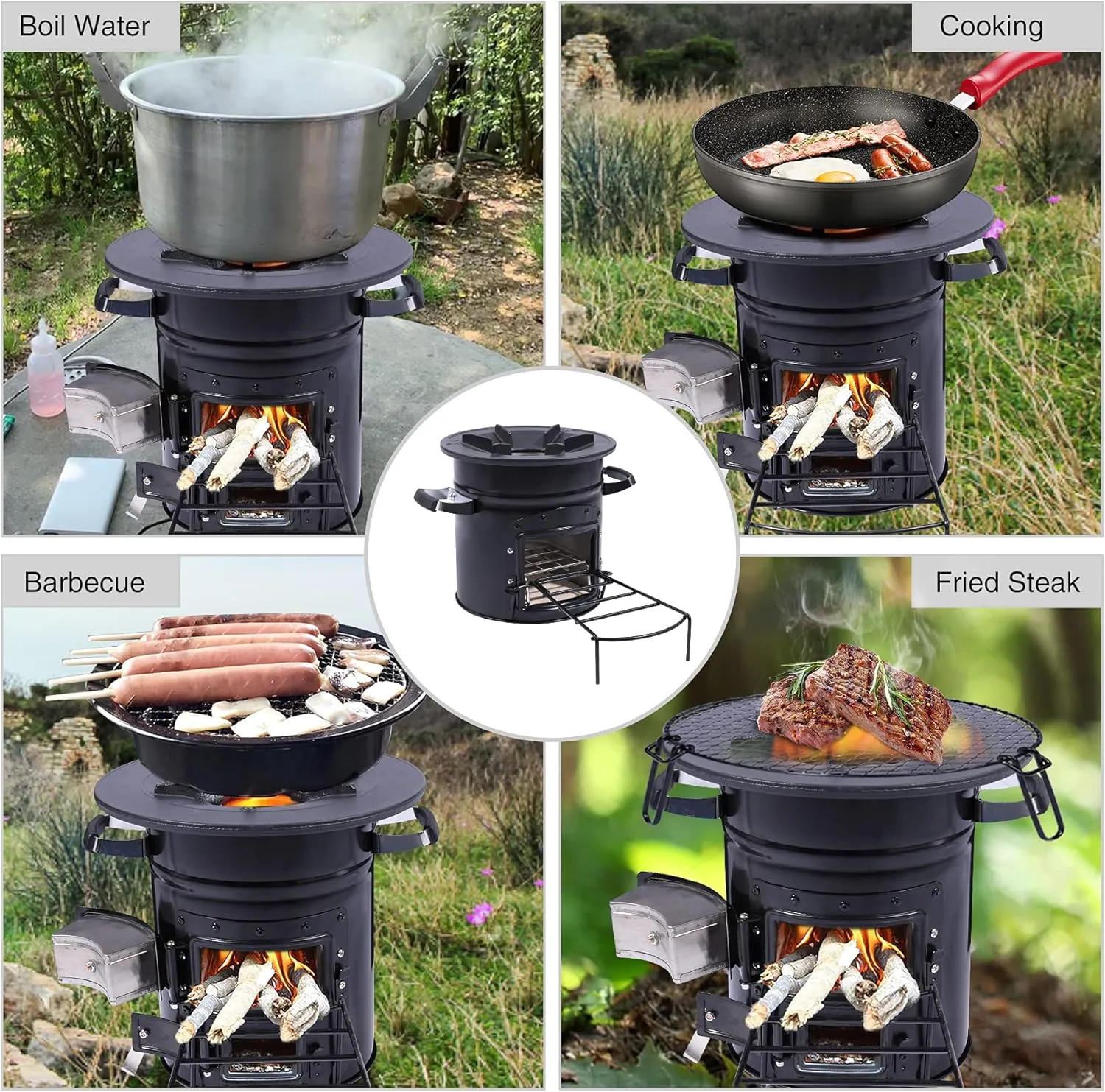 Lineslife Camping Rocket Stove Wood Burning Portable for Cooking, Outdoor Camping Wood Stove with Carrying Bag for Backpacking Emergency RV Survival, Versatility of Fuel, Black Two Doors 12.6"