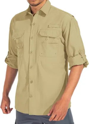 linlon Mens Safari Shirts Long Sleeve UV Protection Hiking Fishing UPF 50  Quick Dry Cooling Camping Travel Shirts