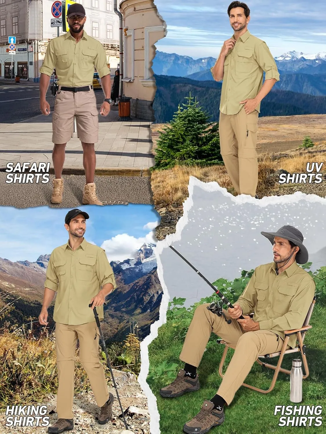 linlon Mens Safari Shirts Long Sleeve UV Protection Hiking Fishing UPF 50  Quick Dry Cooling Camping Travel Shirts