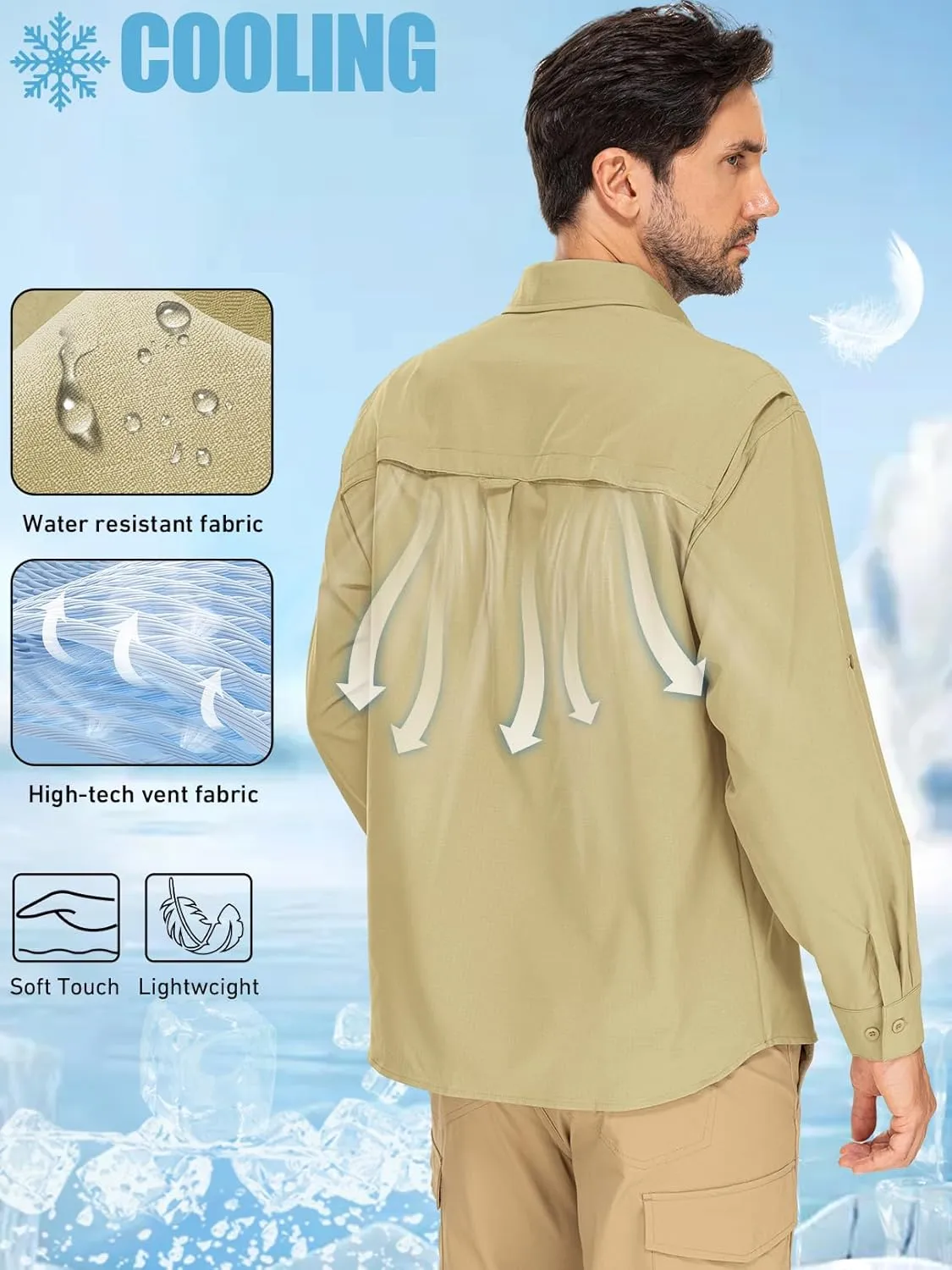 linlon Mens Safari Shirts Long Sleeve UV Protection Hiking Fishing UPF 50  Quick Dry Cooling Camping Travel Shirts