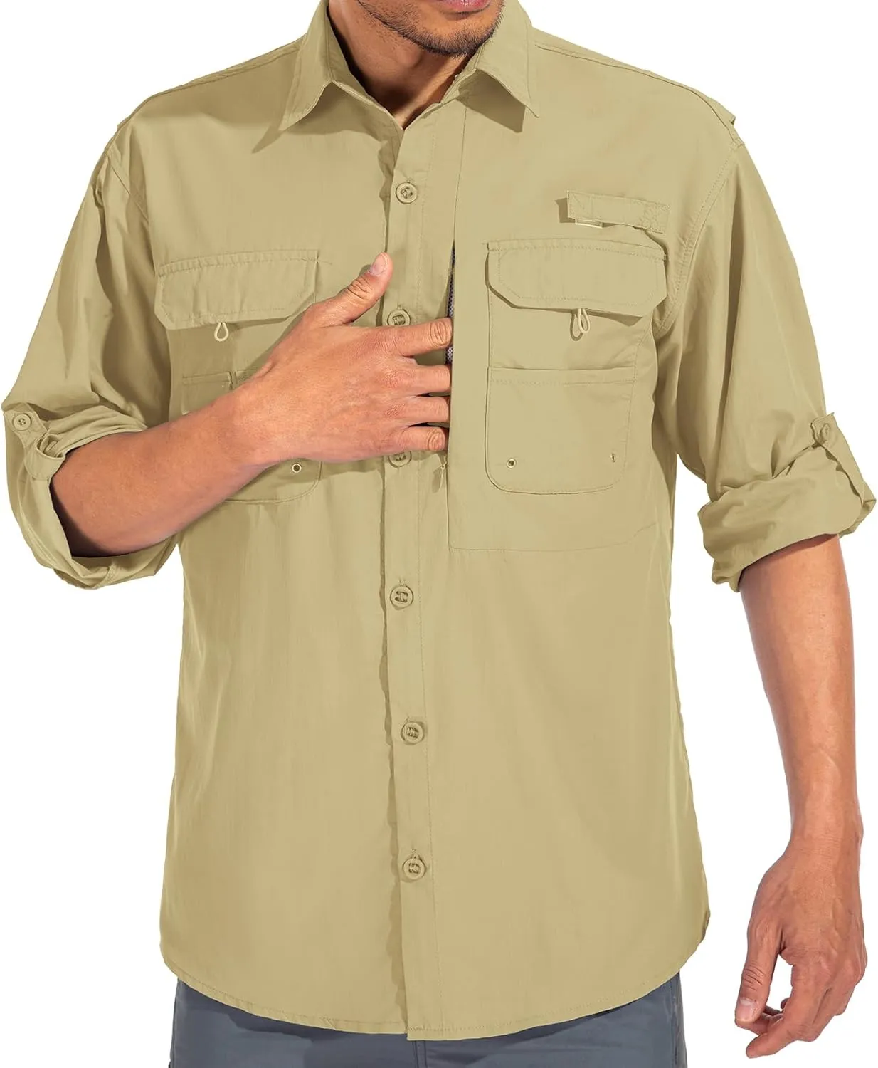 linlon Mens Safari Shirts Long Sleeve UV Protection Hiking Fishing UPF 50  Quick Dry Cooling Camping Travel Shirts