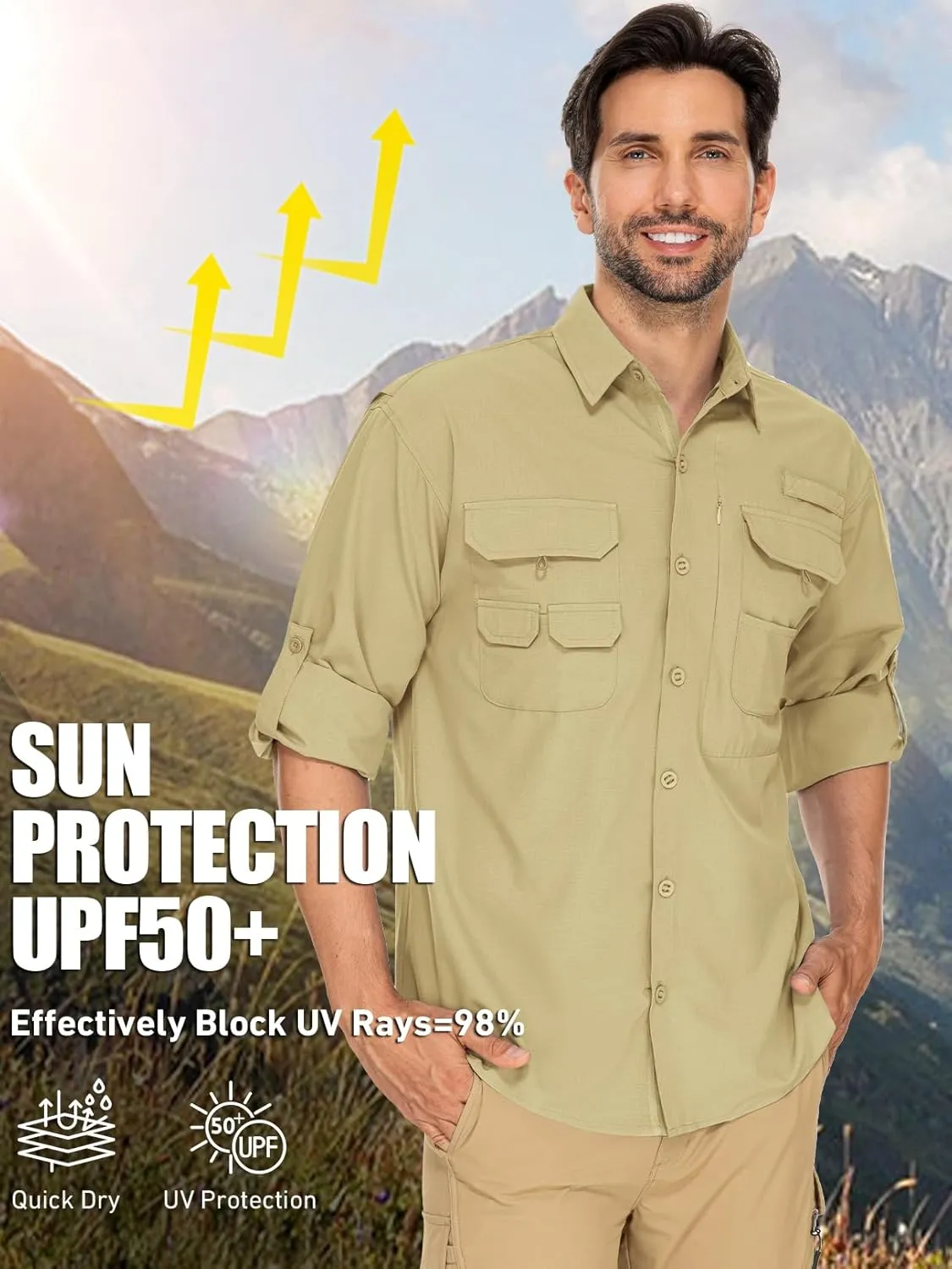 linlon Mens Safari Shirts Long Sleeve UV Protection Hiking Fishing UPF 50  Quick Dry Cooling Camping Travel Shirts