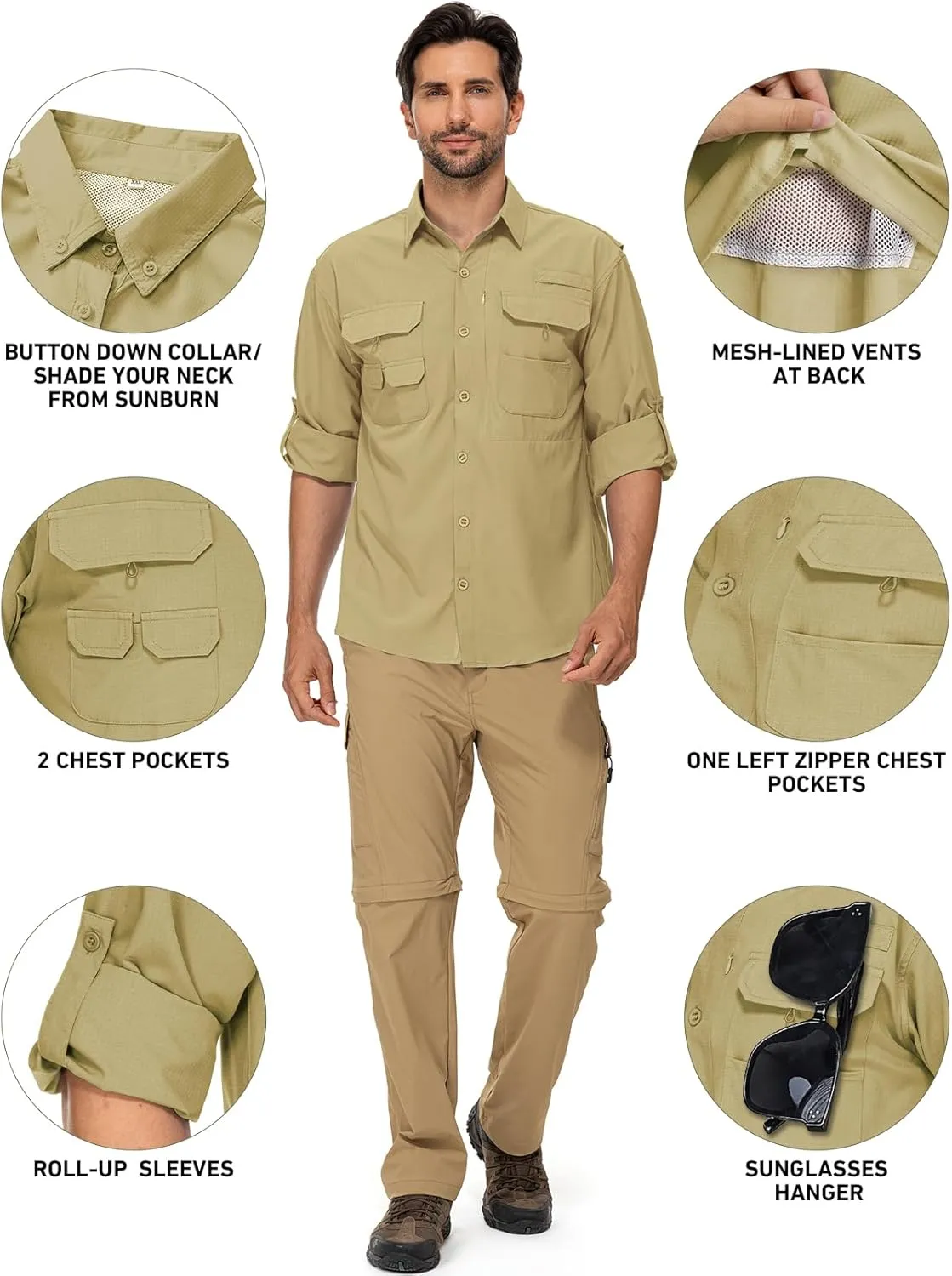linlon Mens Safari Shirts Long Sleeve UV Protection Hiking Fishing UPF 50  Quick Dry Cooling Camping Travel Shirts