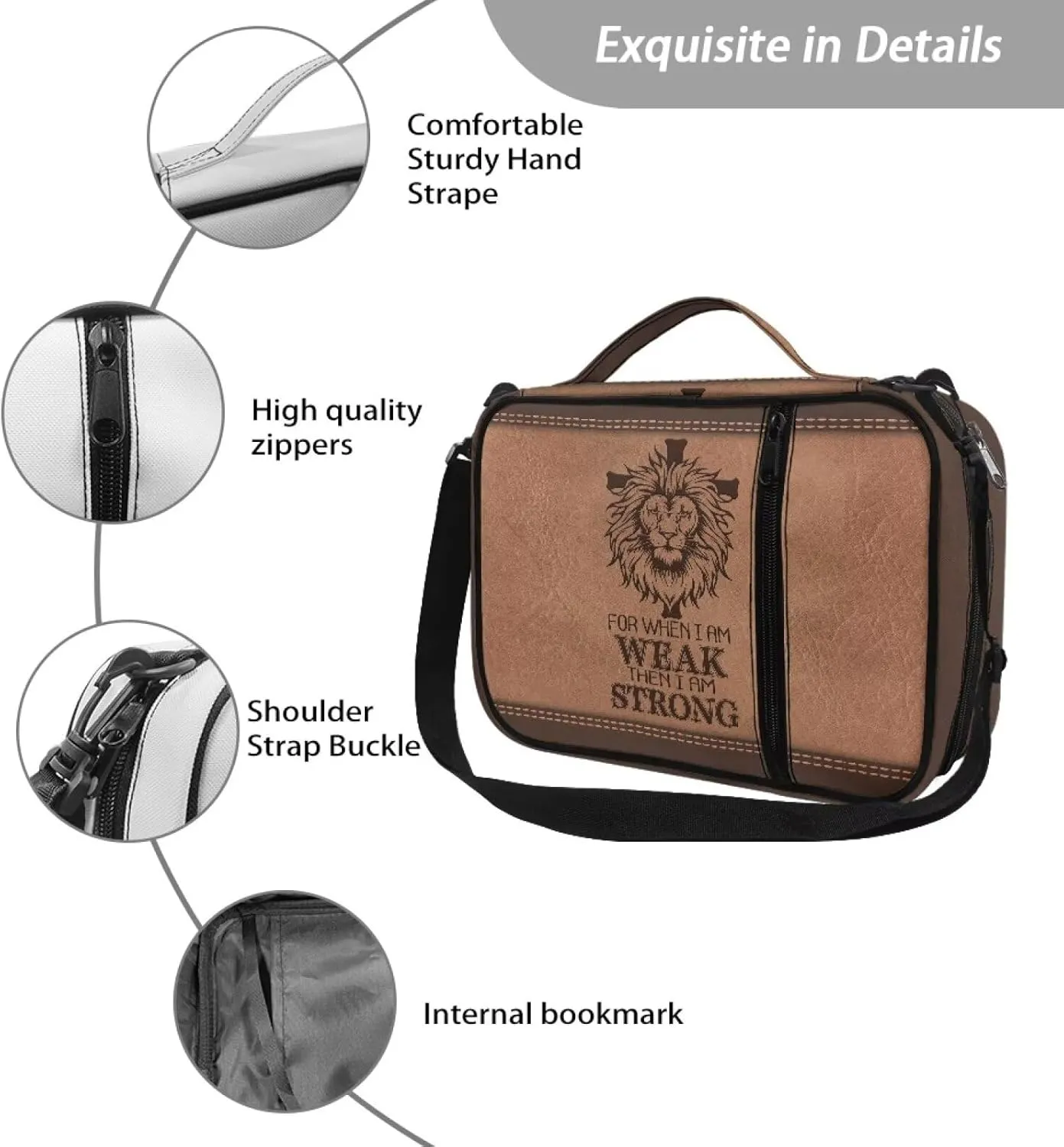 Lion Cross Bible Case for Men Bible Book Bag with Shoulder Strap Bible Carrying Case with Handle Zipper Pocket, for When I am Weak