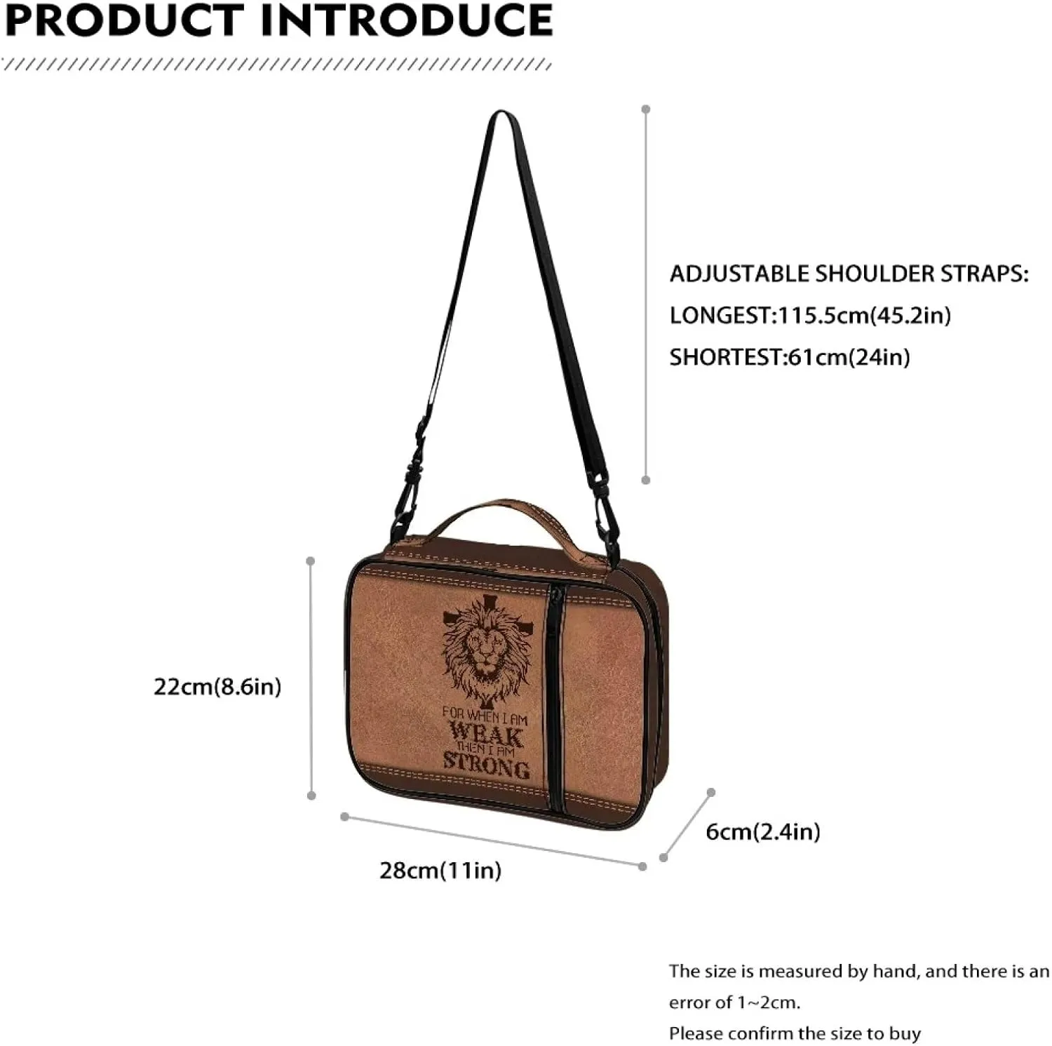 Lion Cross Bible Case for Men Bible Book Bag with Shoulder Strap Bible Carrying Case with Handle Zipper Pocket, for When I am Weak