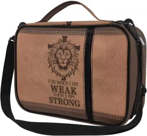 Lion Cross Bible Case for Men Bible Book Bag with Shoulder Strap Bible Carrying Case with Handle Zipper Pocket, for When I am Weak