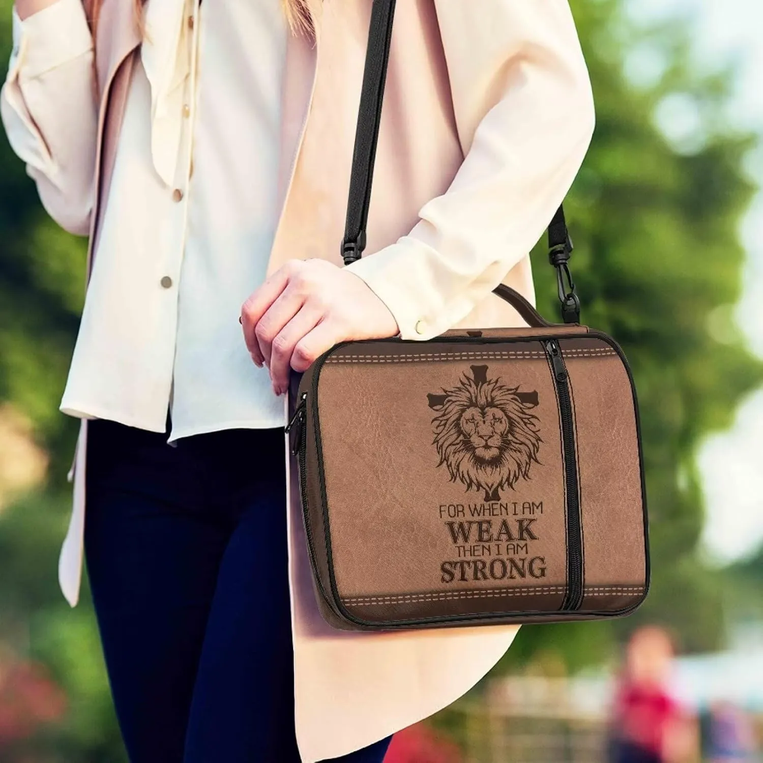Lion Cross Bible Case for Men Bible Book Bag with Shoulder Strap Bible Carrying Case with Handle Zipper Pocket, for When I am Weak